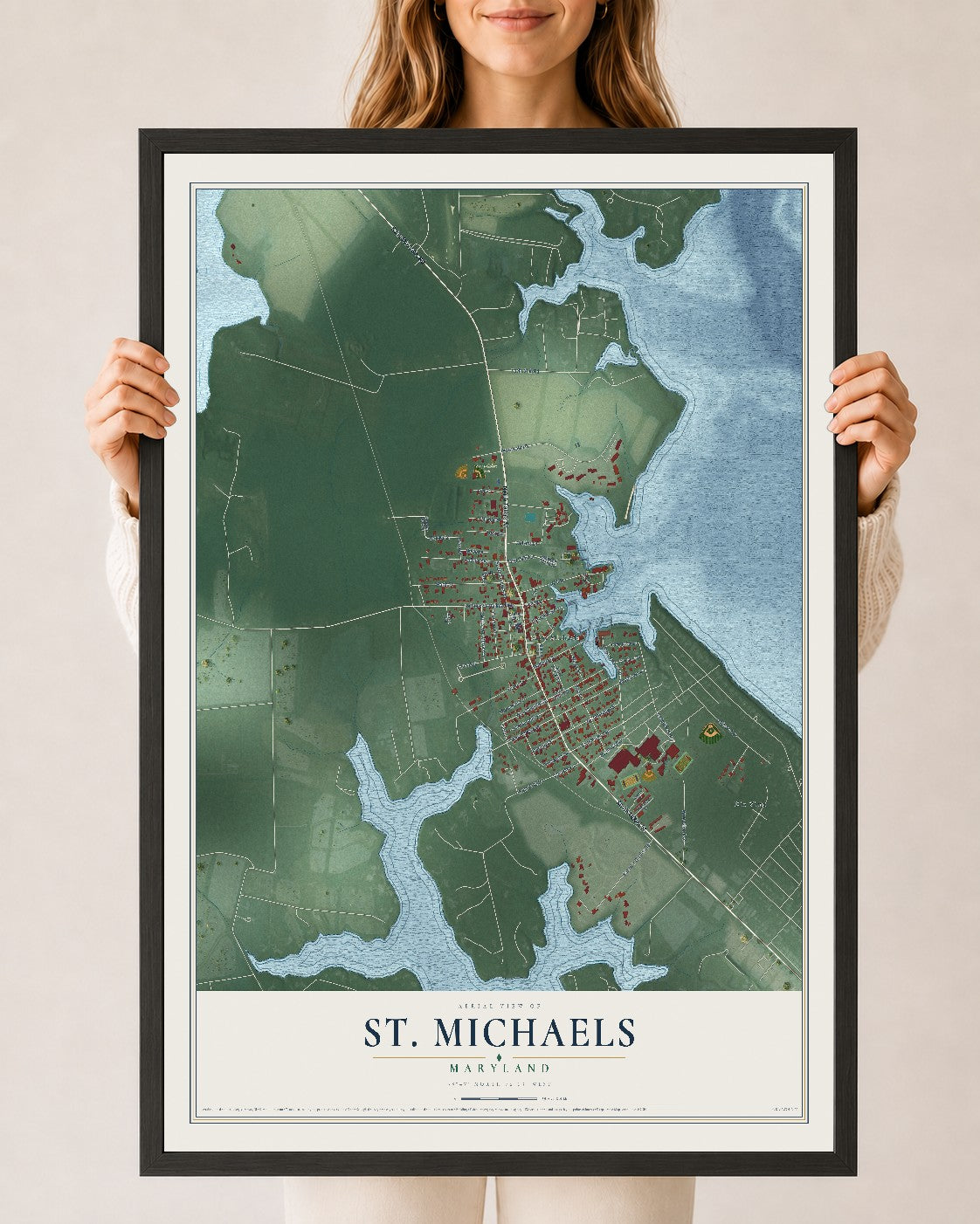 Map of St. Michaels, Maryland, 24 x 36 inch print in a black wood frame