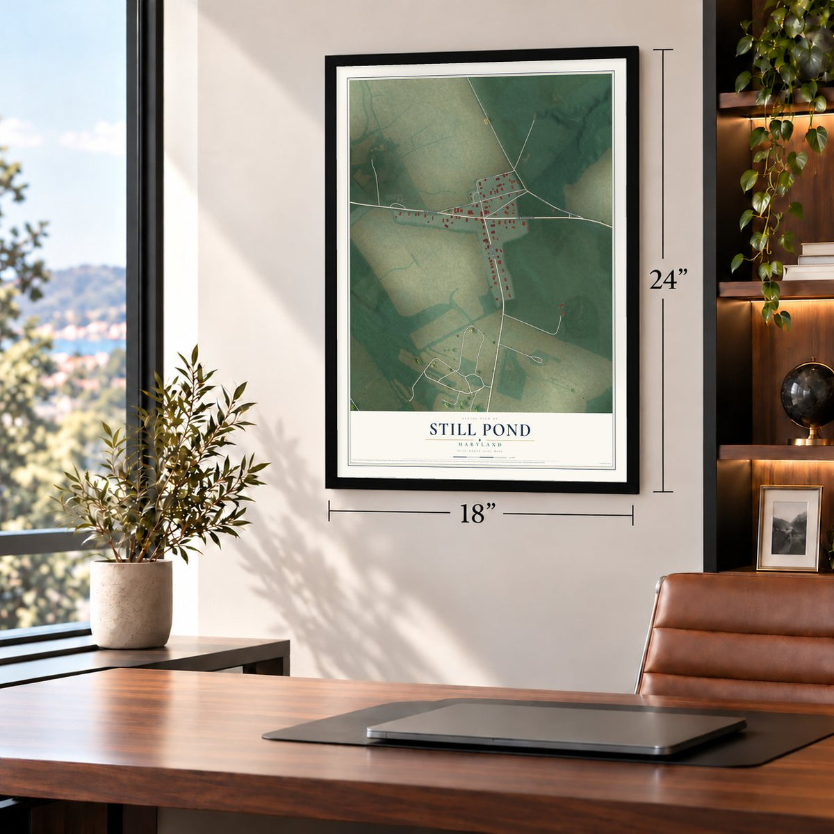Still Pond, Maryland map, 18 x 24 inch print in a black frame in a home office