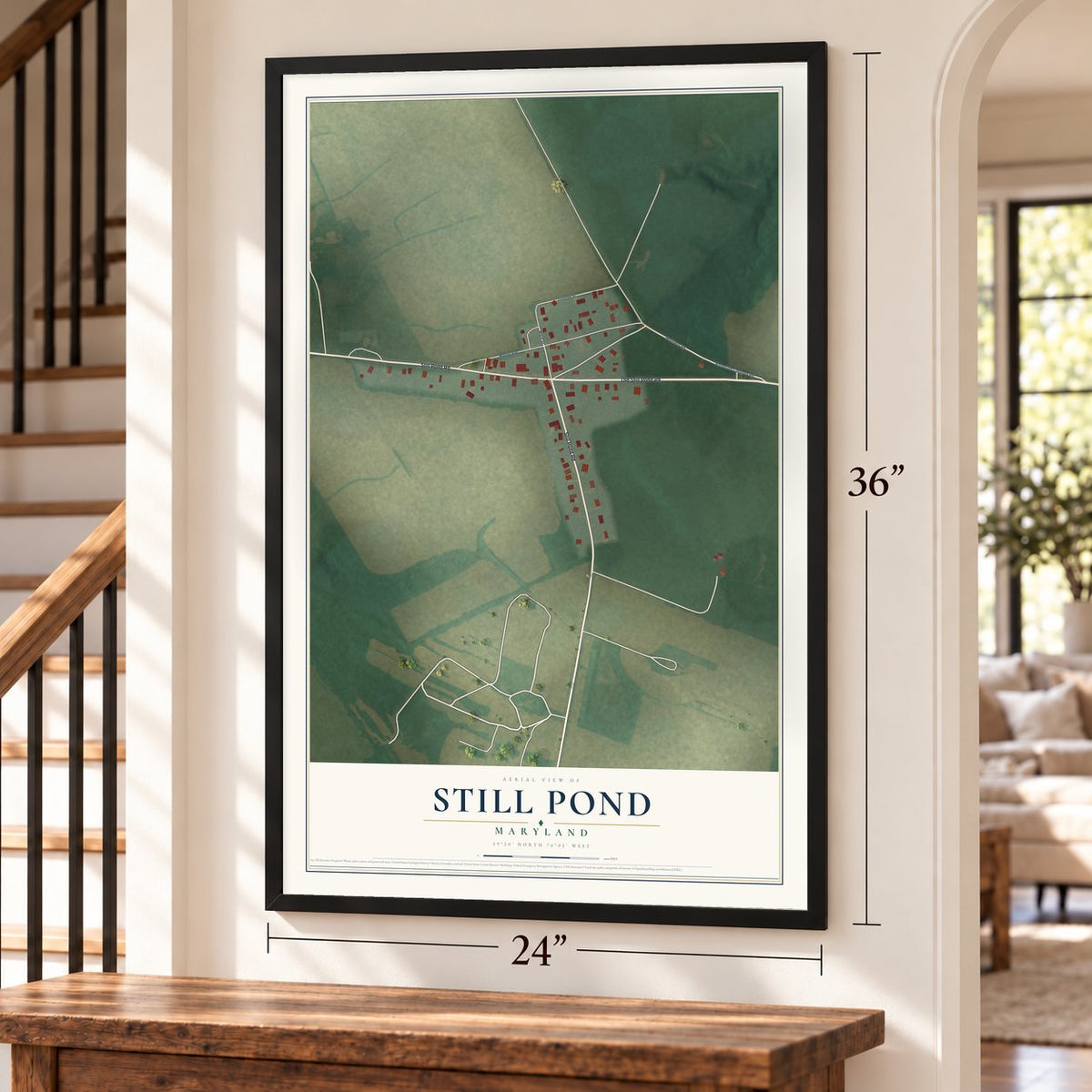 Still Pond, Maryland map, 24 x 36 inch print in a black frame by a staircase