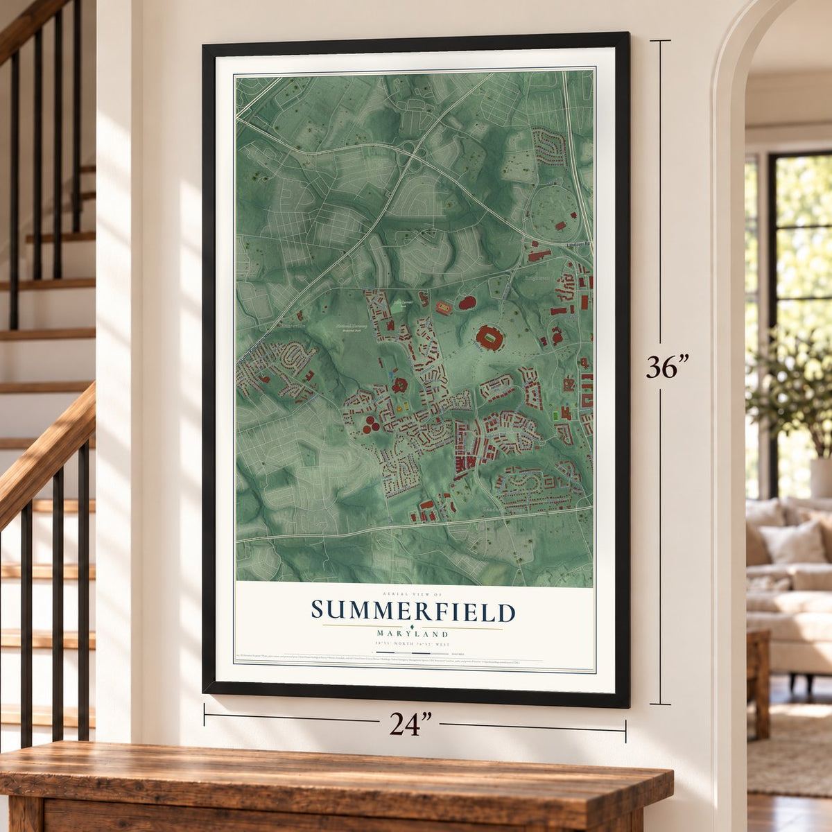 Summerfield, Maryland map, 24 x 36 inch print in a black frame by a staircase