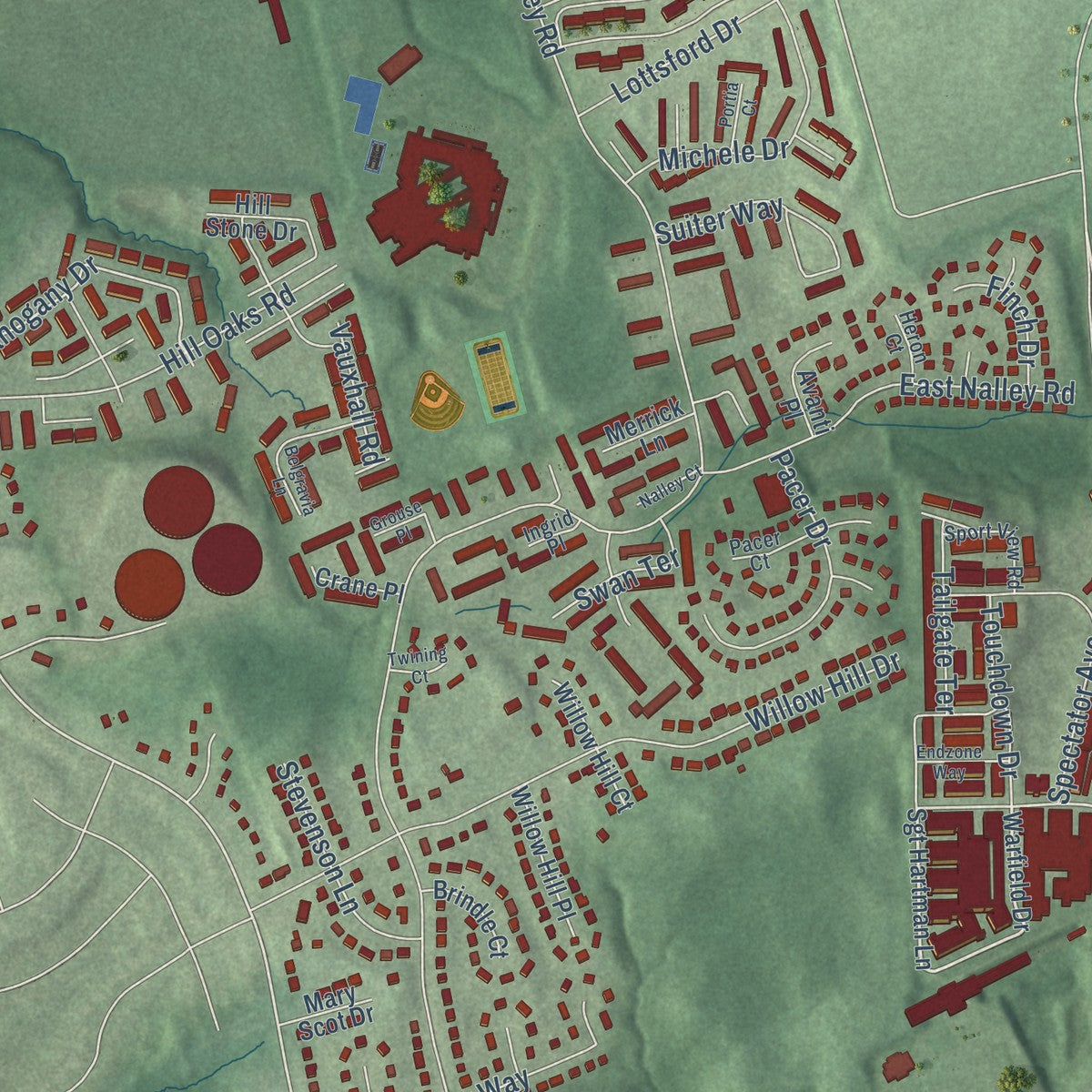 Close-up of the map of Summerfield, Maryland print showing street and building detail