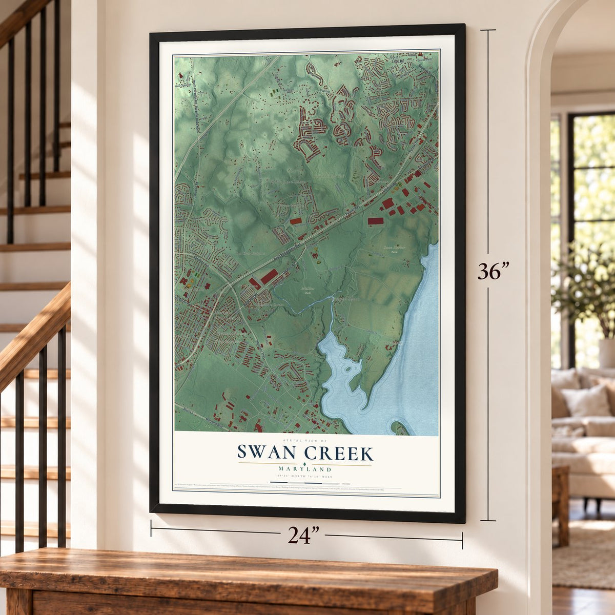 Swan Creek, Maryland map, 24 x 36 inch print in a black frame by a staircase