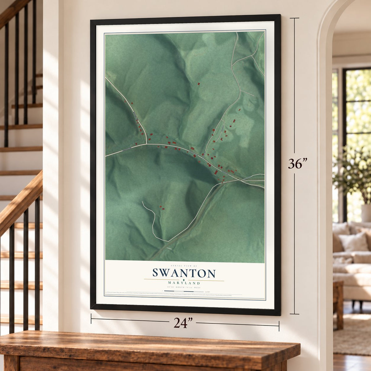 Swanton, Maryland map, 24 x 36 inch print in a black frame by a staircase