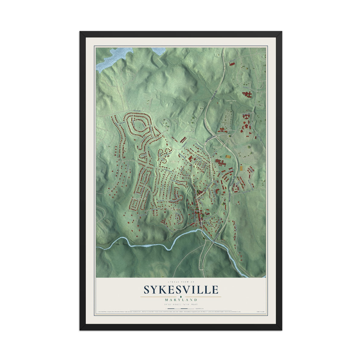 Map of Sykesville, Maryland, 12 x 18 inch print in a black wood frame