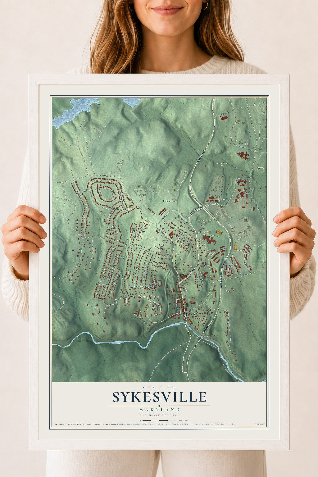 Map of Sykesville, Maryland, 18 x 24 inch print in a white wood frame