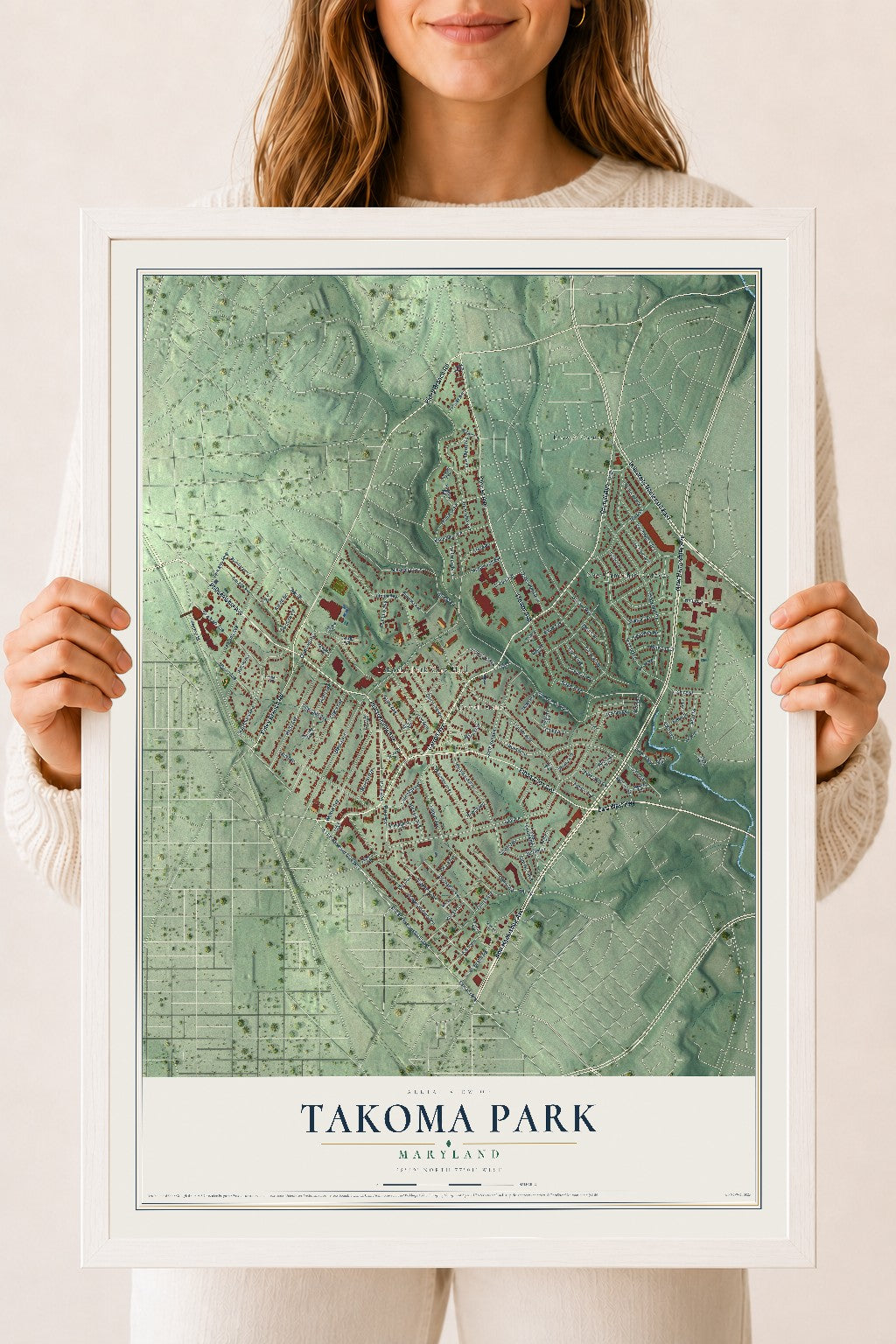 Map of Takoma Park, Maryland, 18 x 24 inch print in a white wood frame