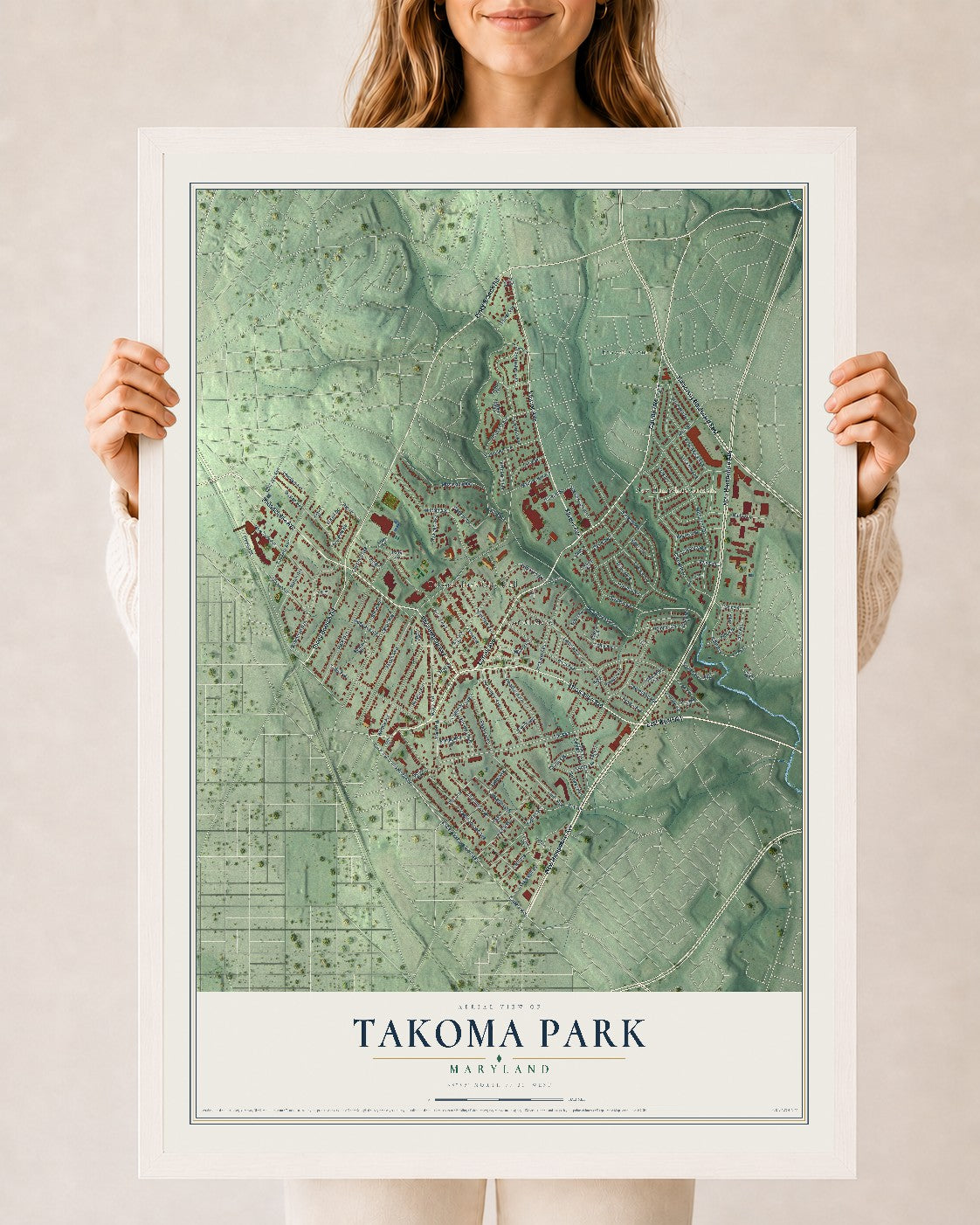 Map of Takoma Park, Maryland, 24 x 36 inch print in a white wood frame