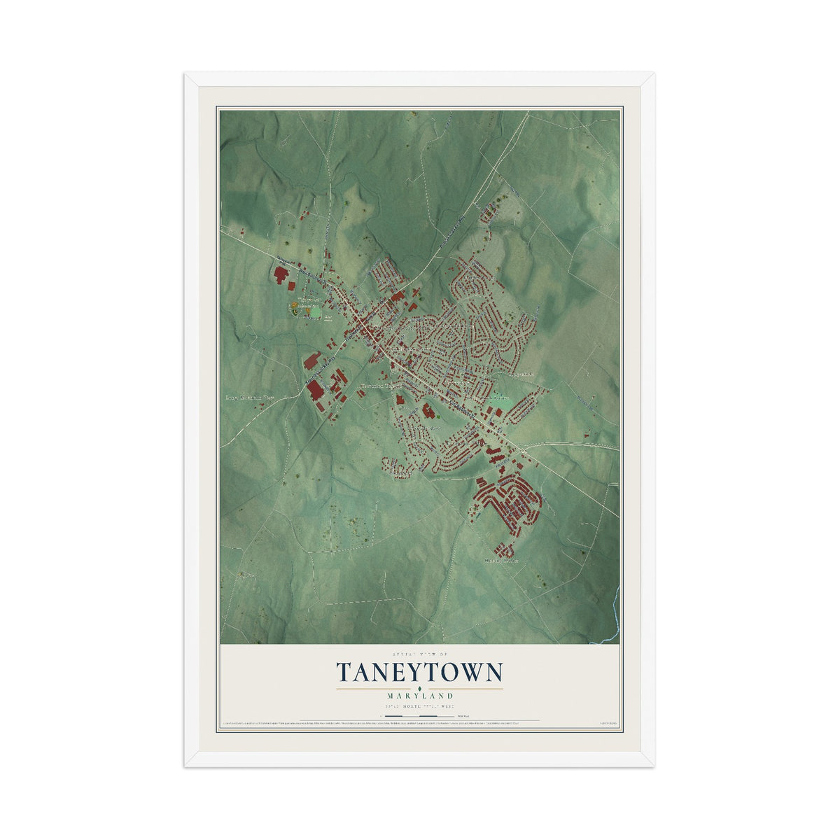 Map of Taneytown, Maryland, 12 x 18 inch print in a white wood frame