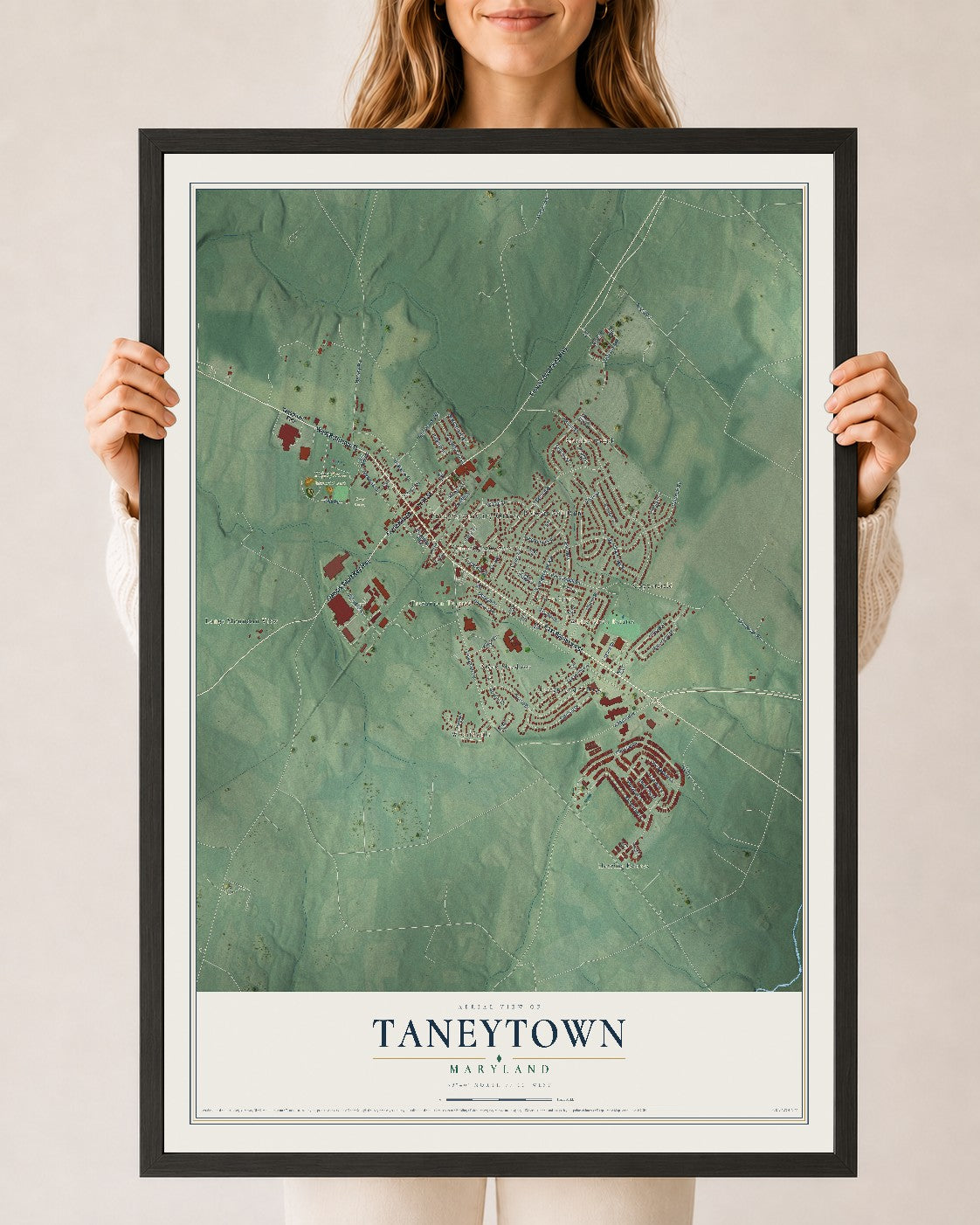 Map of Taneytown, Maryland, 24 x 36 inch print in a black wood frame