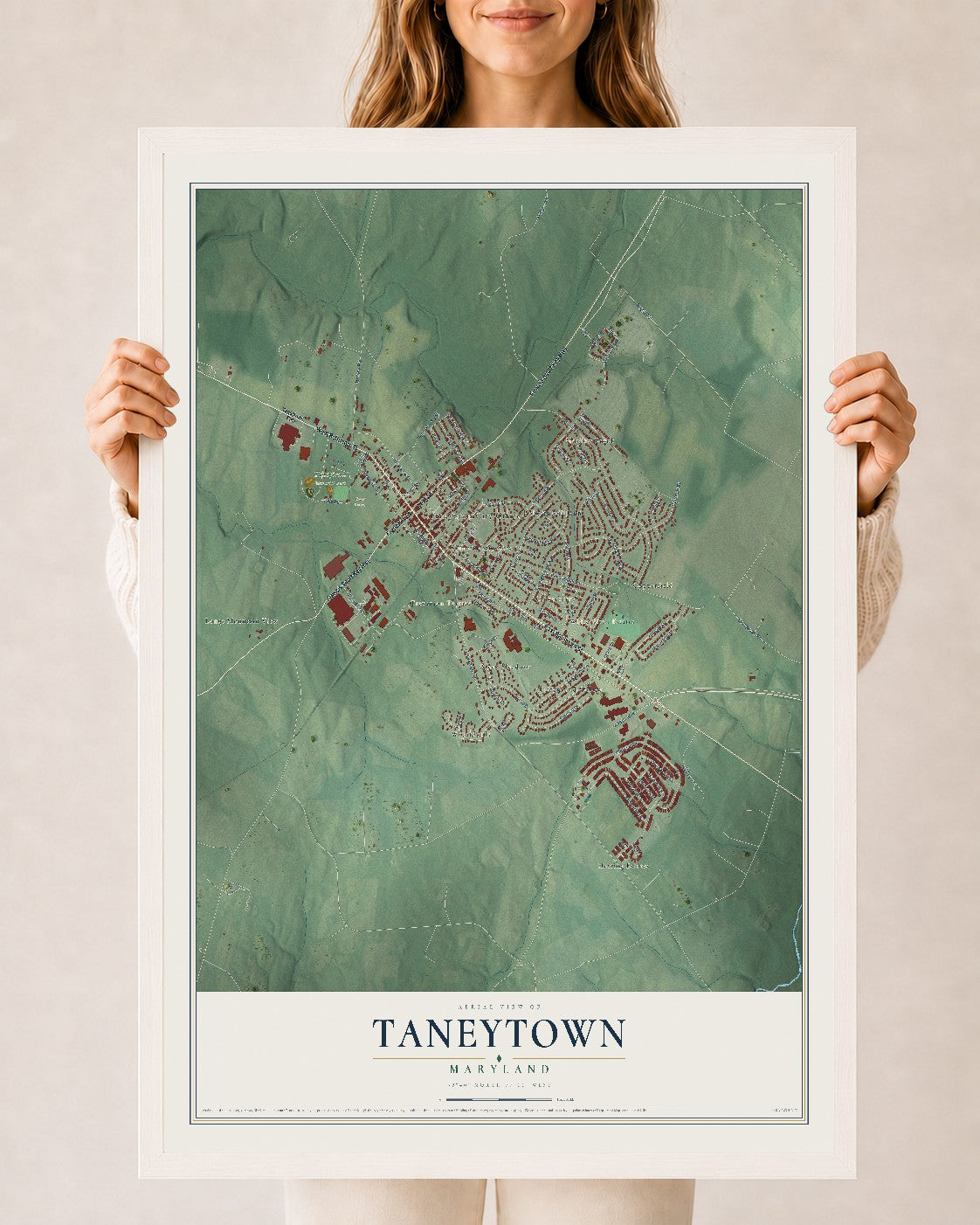 Map of Taneytown, Maryland, 24 x 36 inch print in a white wood frame