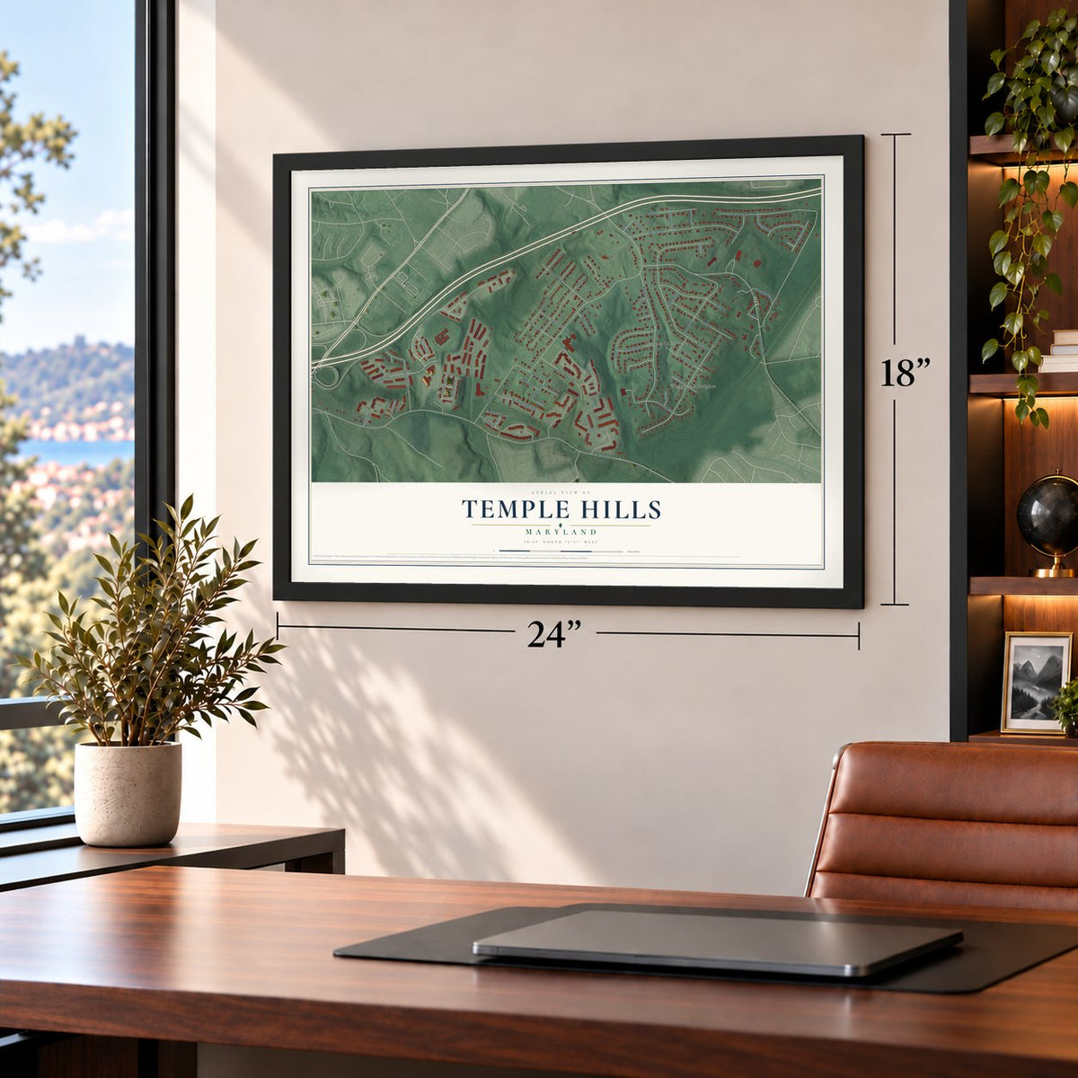 Temple Hills, Maryland map, 18 x 24 inch print in a black frame in a home office