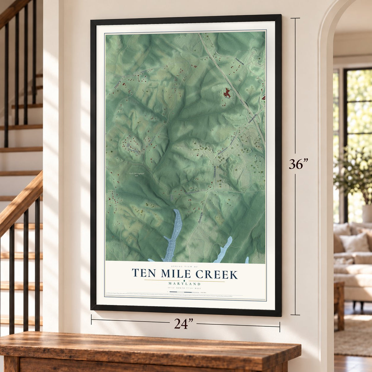 Ten Mile Creek, Maryland map, 24 x 36 inch print in a black frame by a staircase