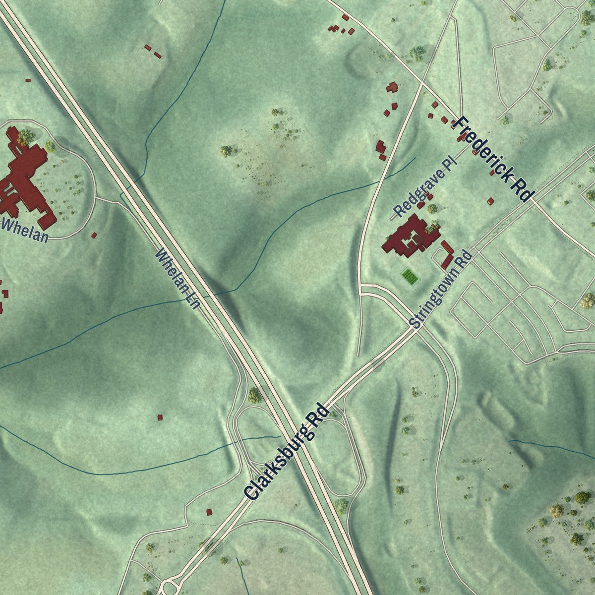 Close-up of the map of Ten Mile Creek, Maryland print showing street and building detail