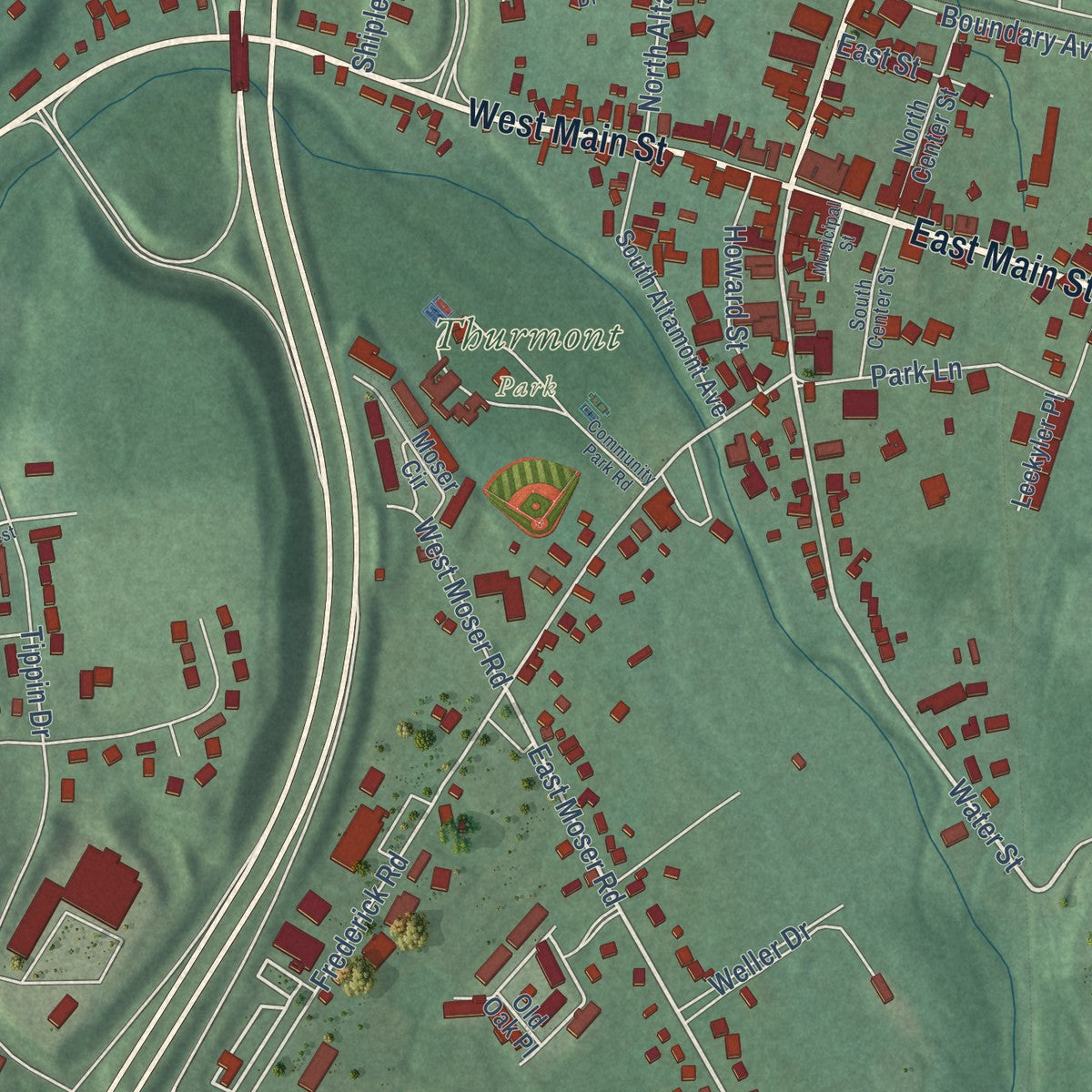 Second close-up of the map of Thurmont, Maryland print showing more streets and buildings