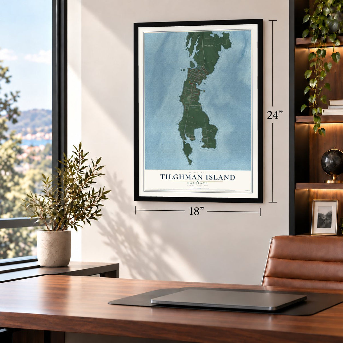 Tilghman Island, Maryland map, 18 x 24 inch print in a black frame in a home office