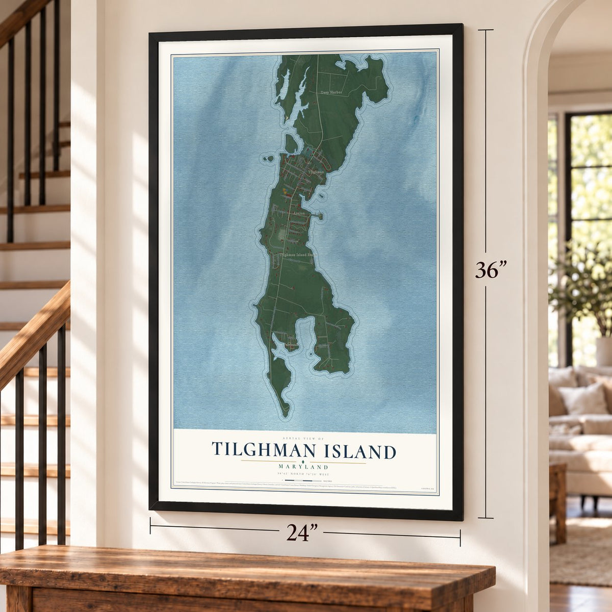 Tilghman Island, Maryland map, 24 x 36 inch print in a black frame by a staircase