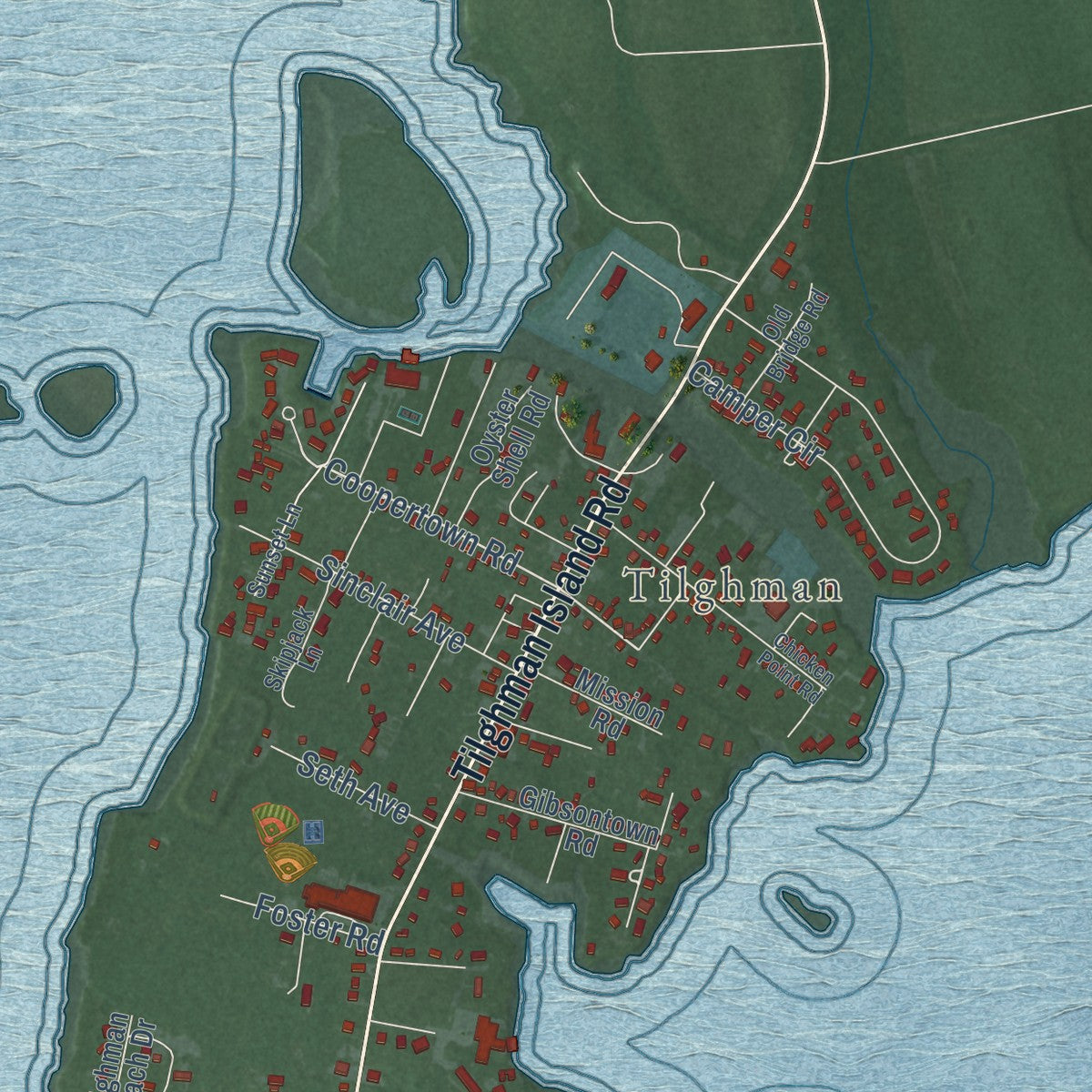 Close-up of the map of Tilghman Island, Maryland print showing street and building detail