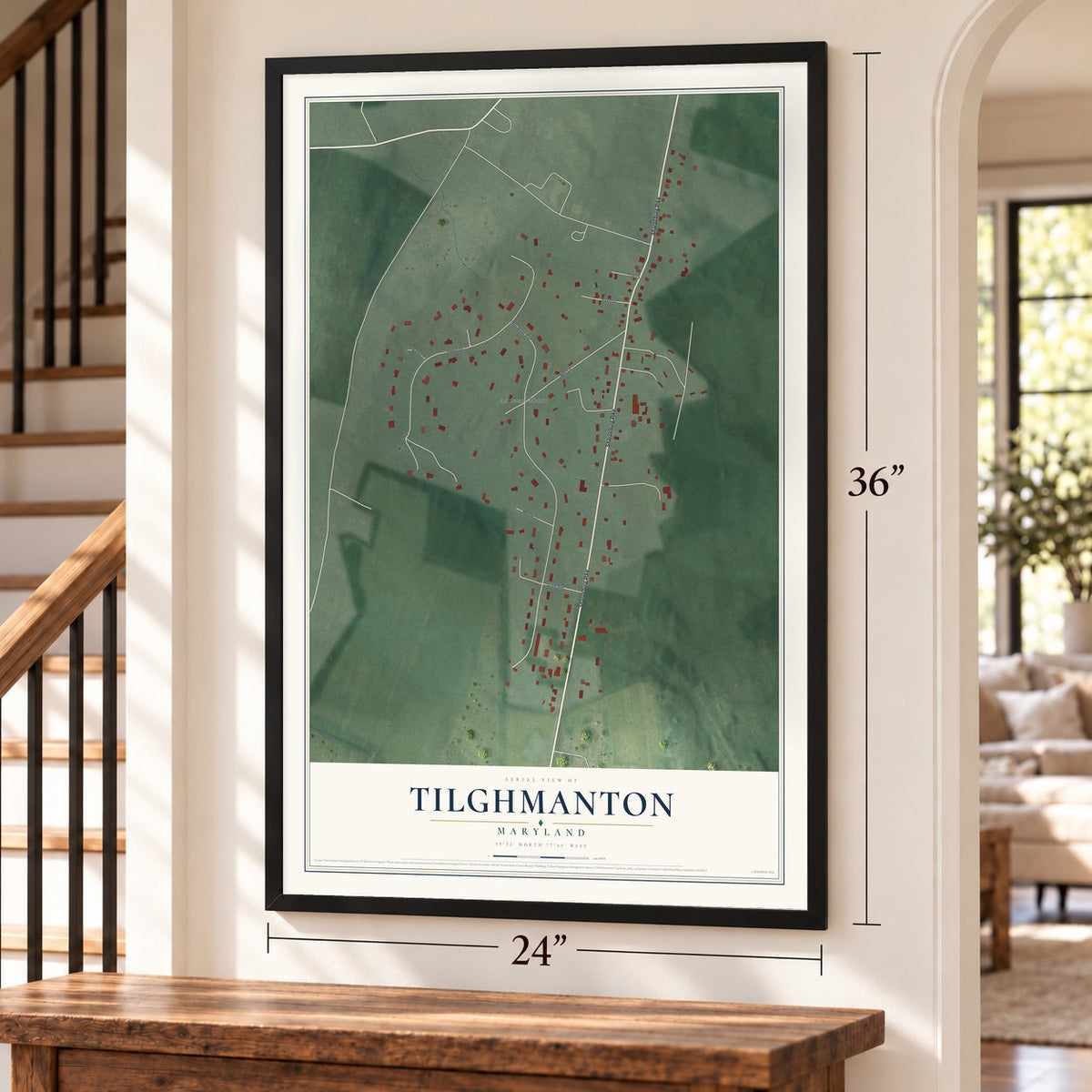 Tilghmanton, Maryland map, 24 x 36 inch print in a black frame by a staircase