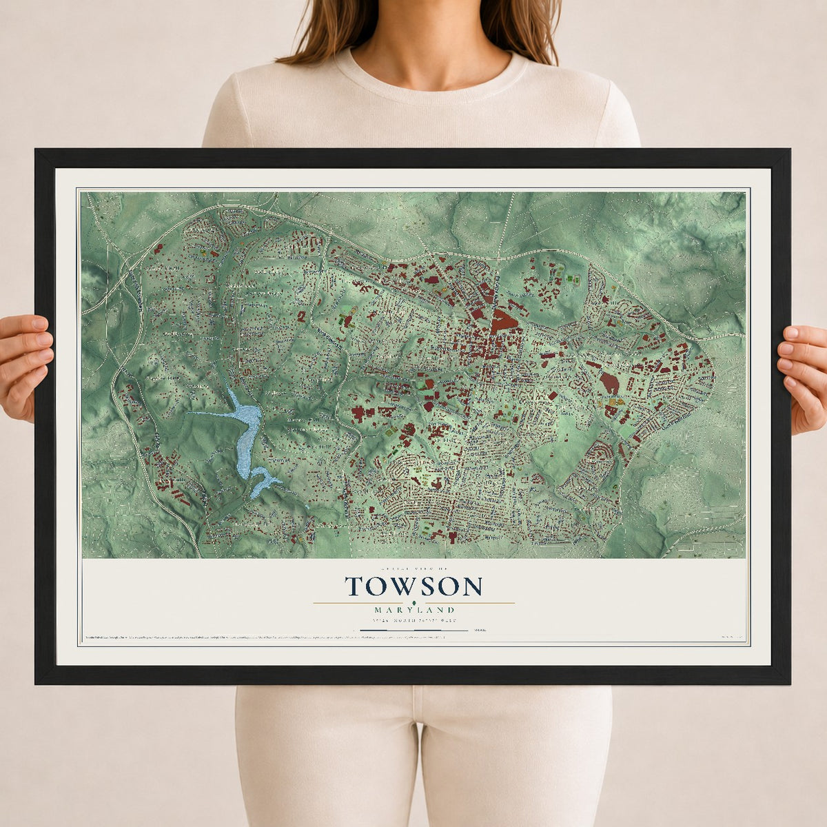 Map of Towson, Maryland, 18 x 24 inch print in a black wood frame
