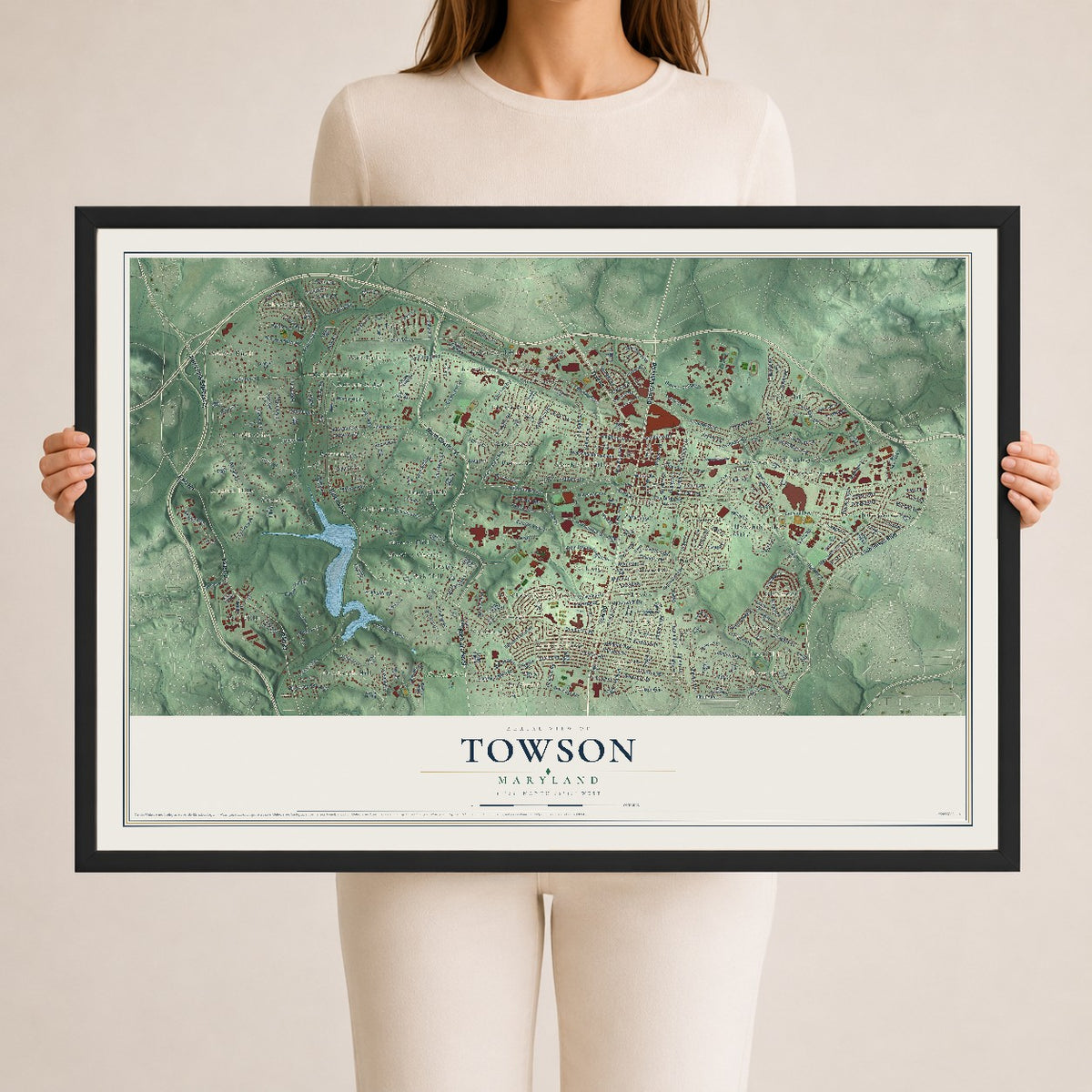 Map of Towson, Maryland, 24 x 36 inch print in a black wood frame