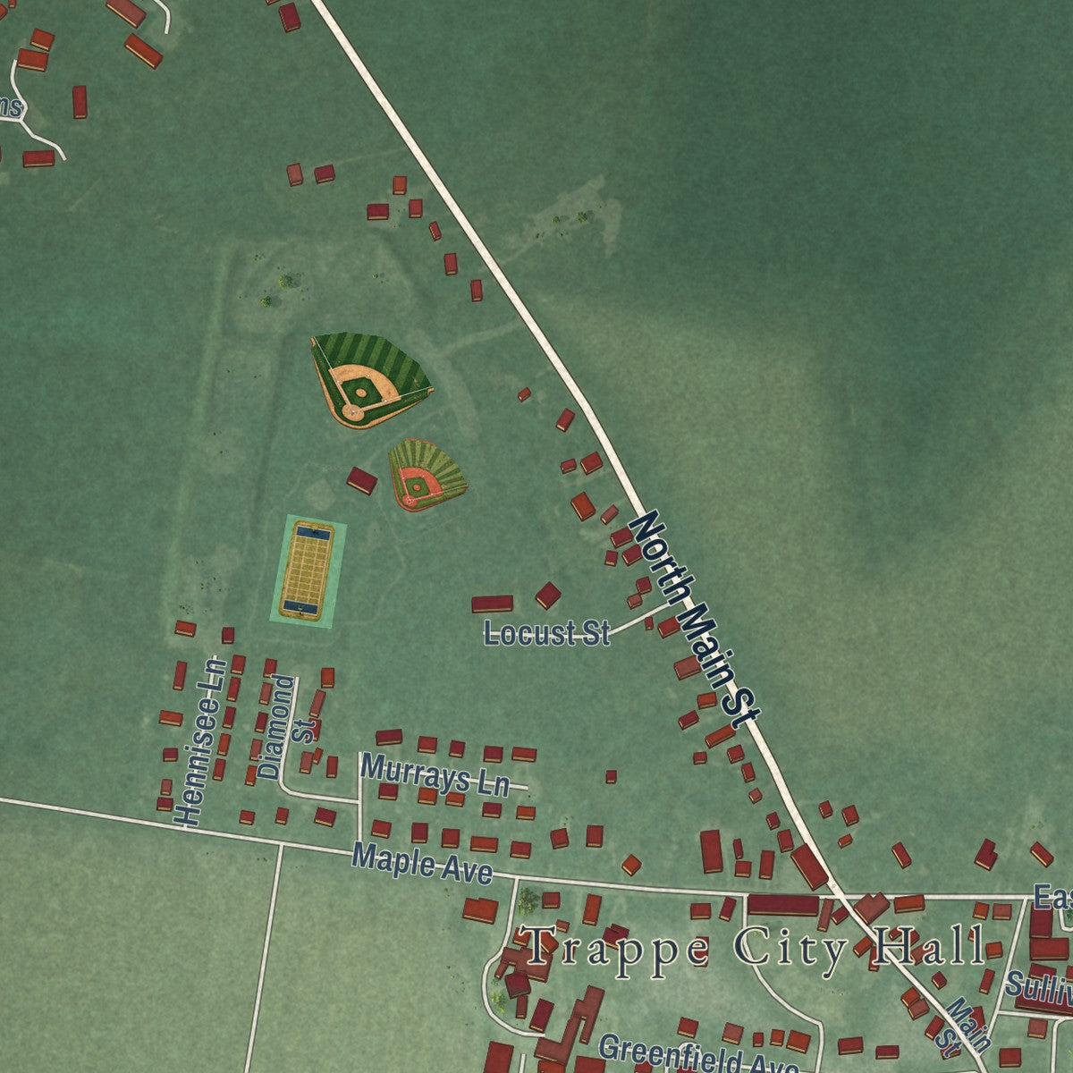 Second close-up of the map of Trappe, Maryland print showing more streets and buildings