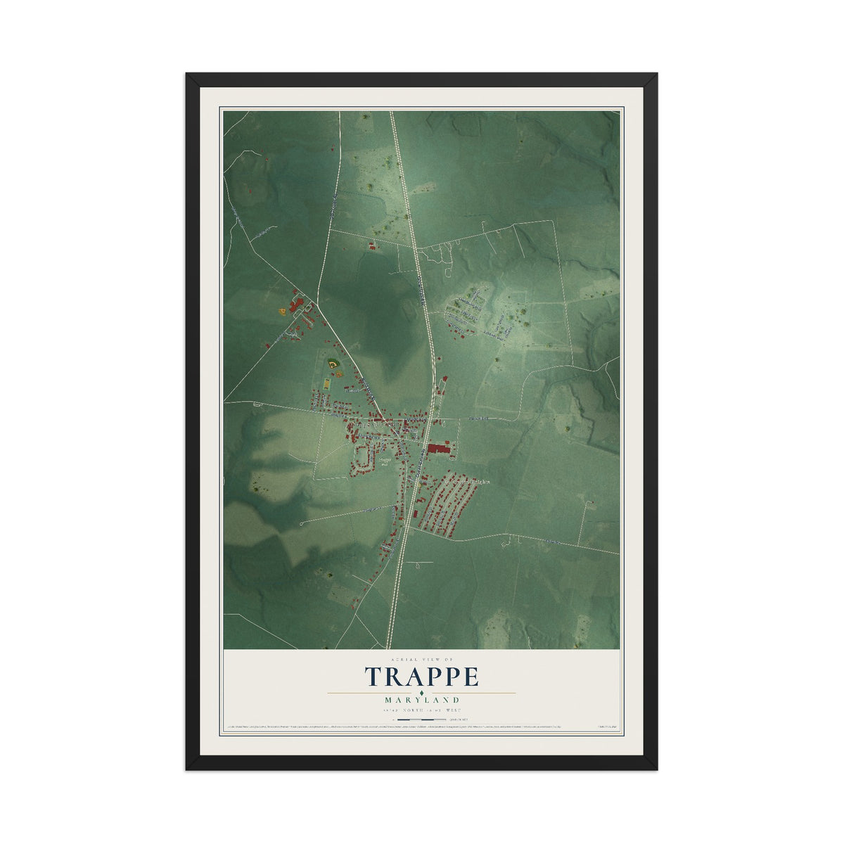 Map of Trappe, Maryland, 12 x 18 inch print in a black wood frame