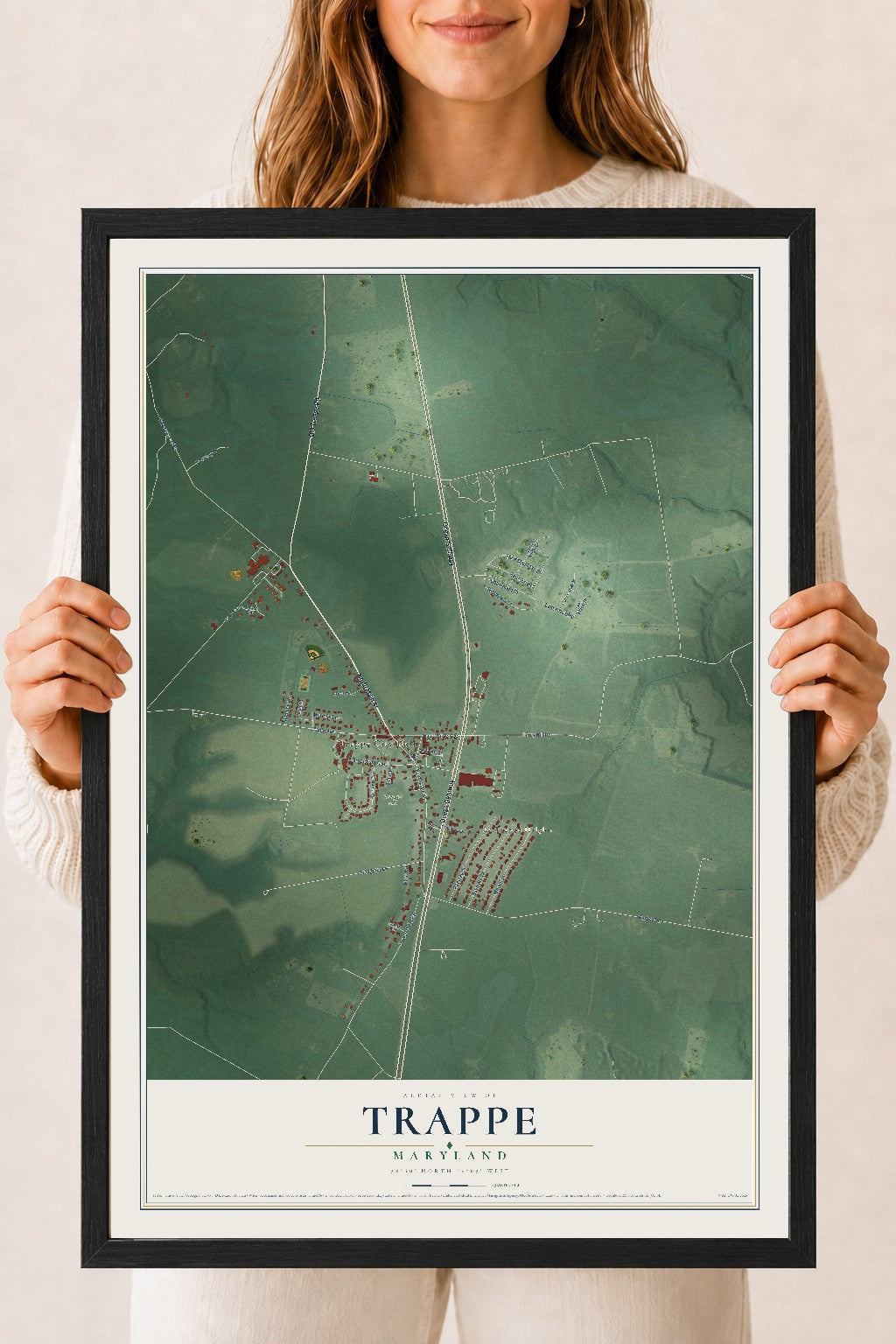 Map of Trappe, Maryland, 18 x 24 inch print in a black wood frame