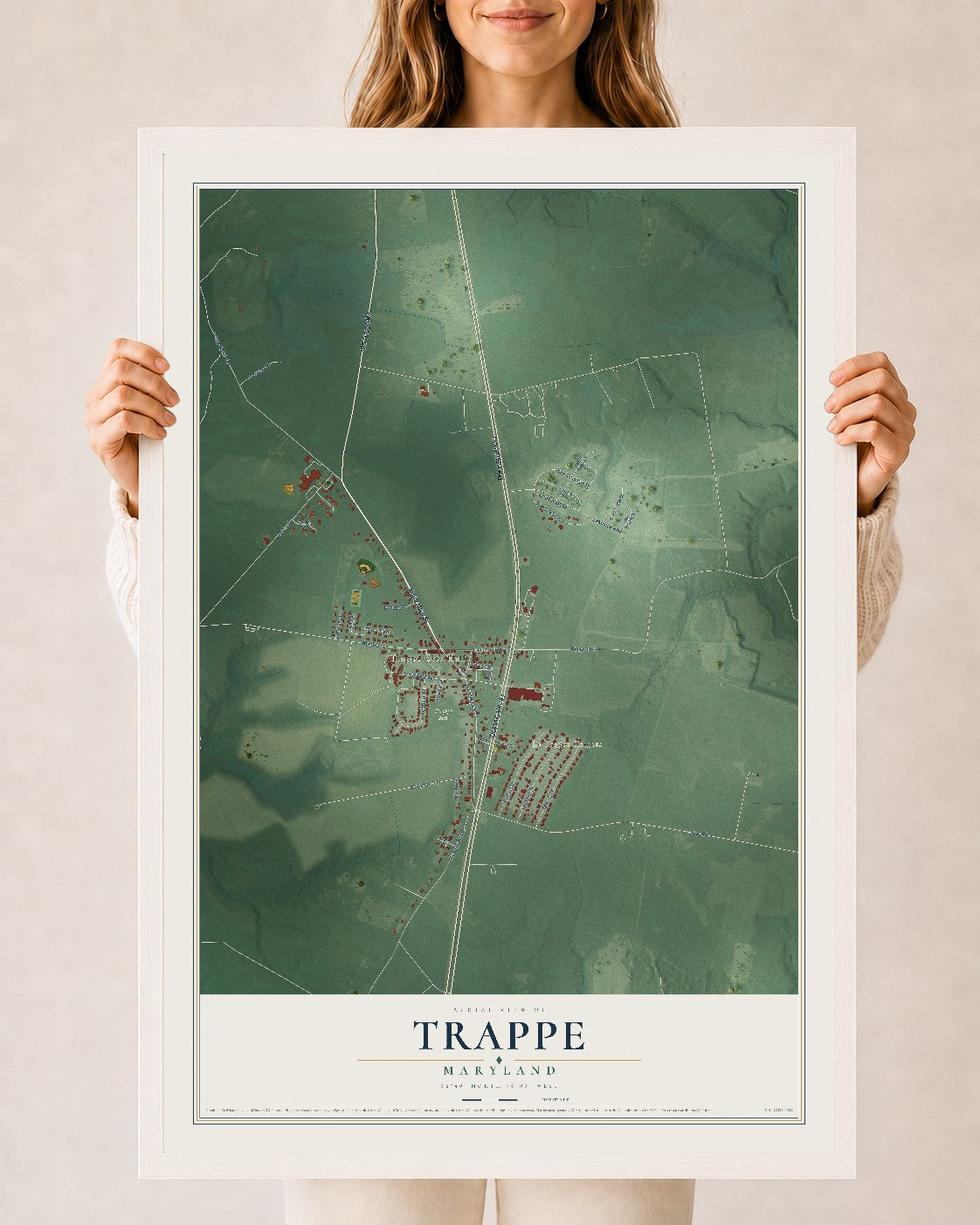 Map of Trappe, Maryland, 24 x 36 inch print in a white wood frame