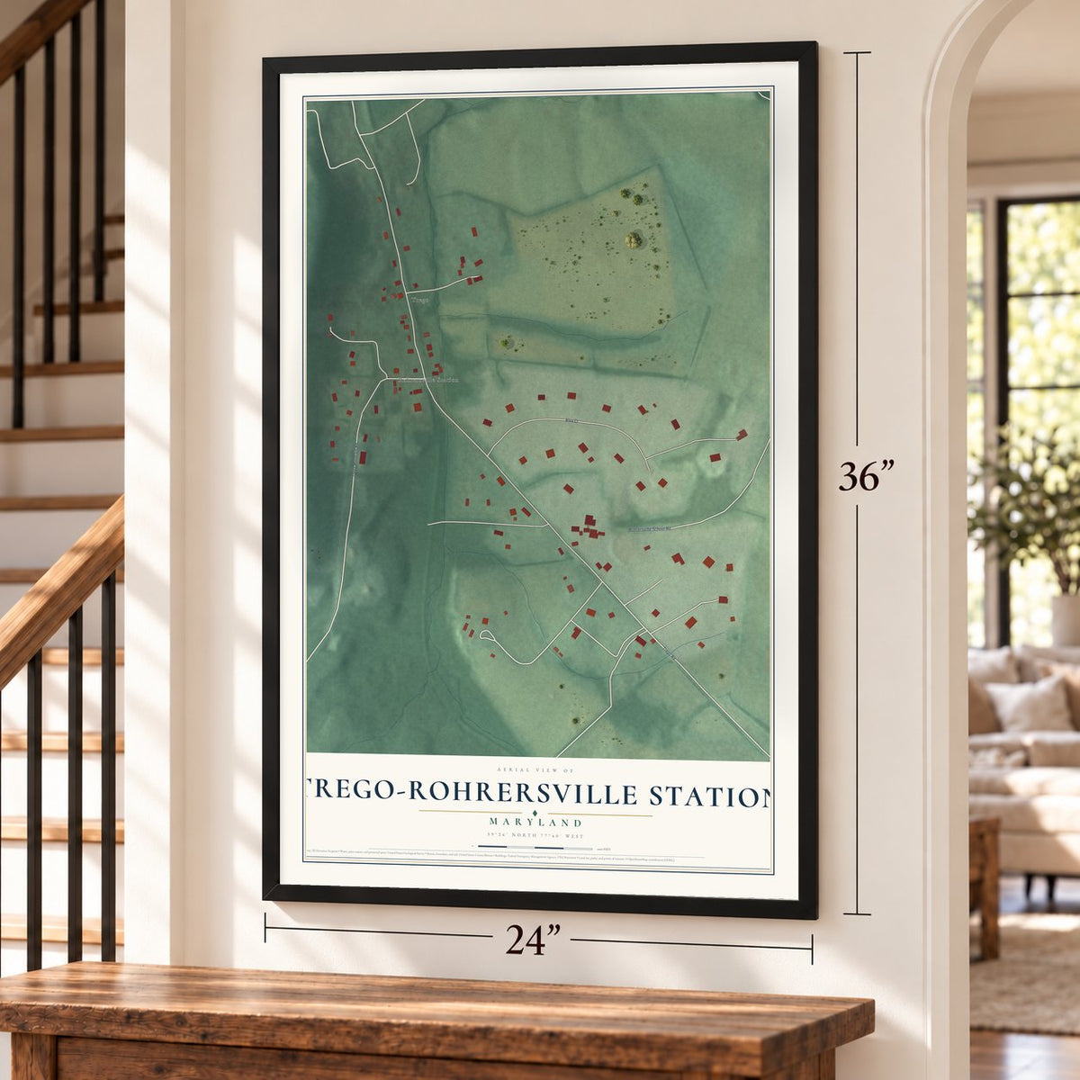 Trego-Rohrersville Station, Maryland map, 24 x 36 inch print in a black frame by a staircase