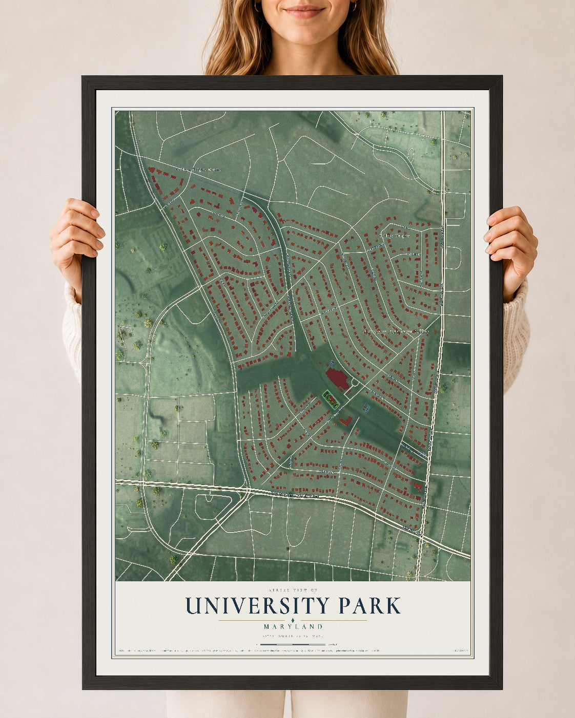 Map of University Park, Maryland, 24 x 36 inch print in a black wood frame