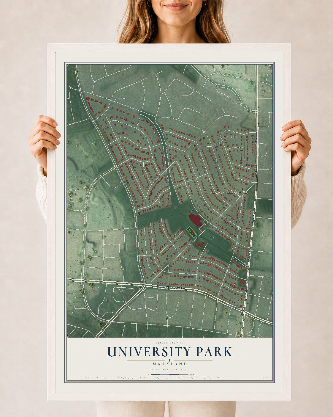 Map of University Park, Maryland, 24 x 36 inch print in a white wood frame