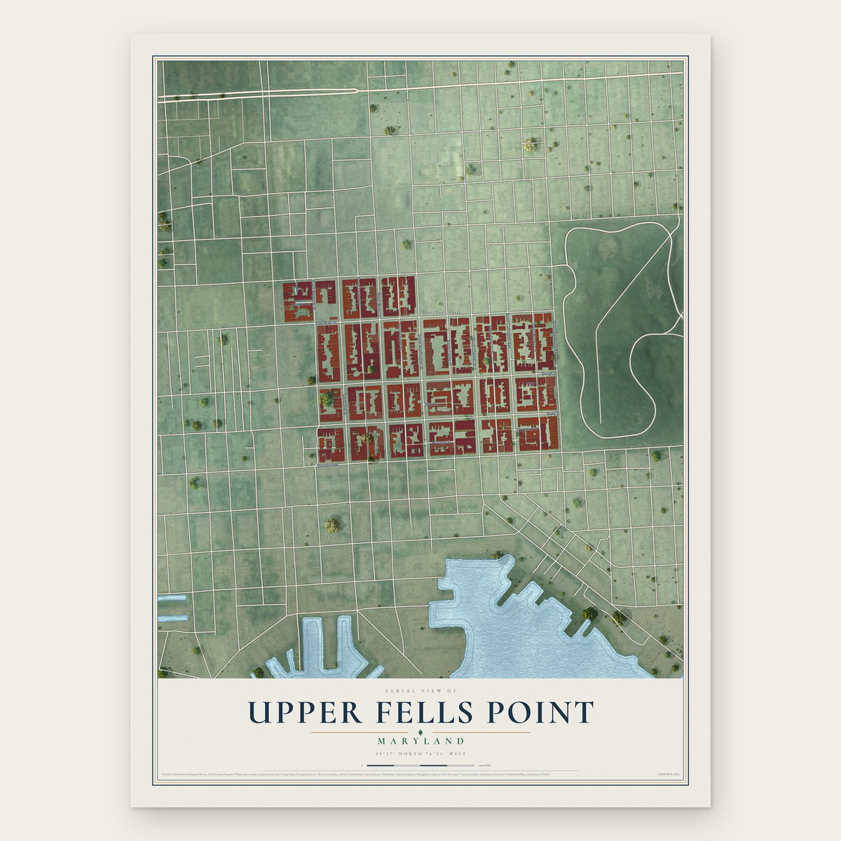 Upper Fells Point, Baltimore, Maryland map print, the full design