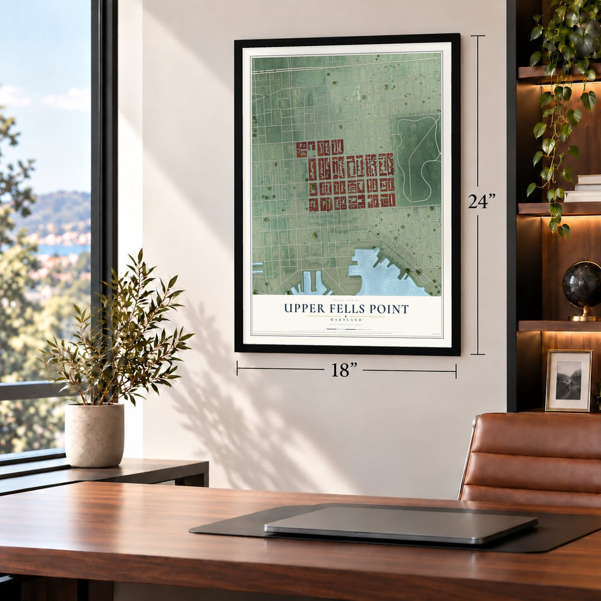 Upper Fells Point, Baltimore, Maryland map, 18 x 24 inch print in a black frame in a home office