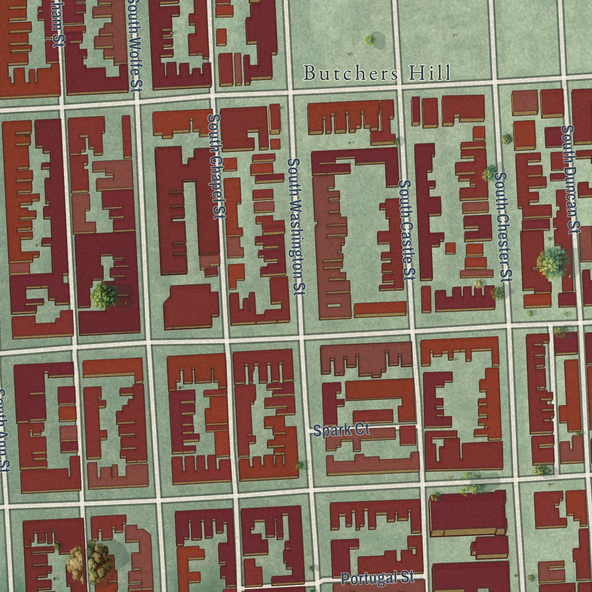 Close-up of the map of Upper Fells Point, Baltimore, Maryland print showing street and building detail