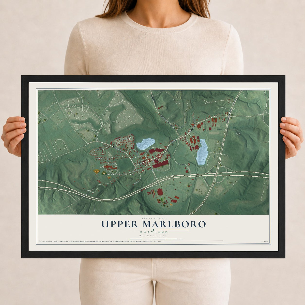 Map of Upper Marlboro, Maryland, 12 x 18 inch print in a black wood frame