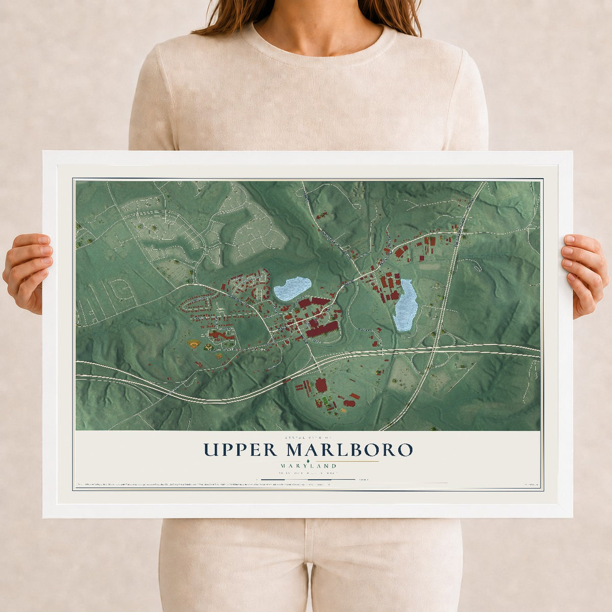 Map of Upper Marlboro, Maryland, 12 x 18 inch print in a white wood frame