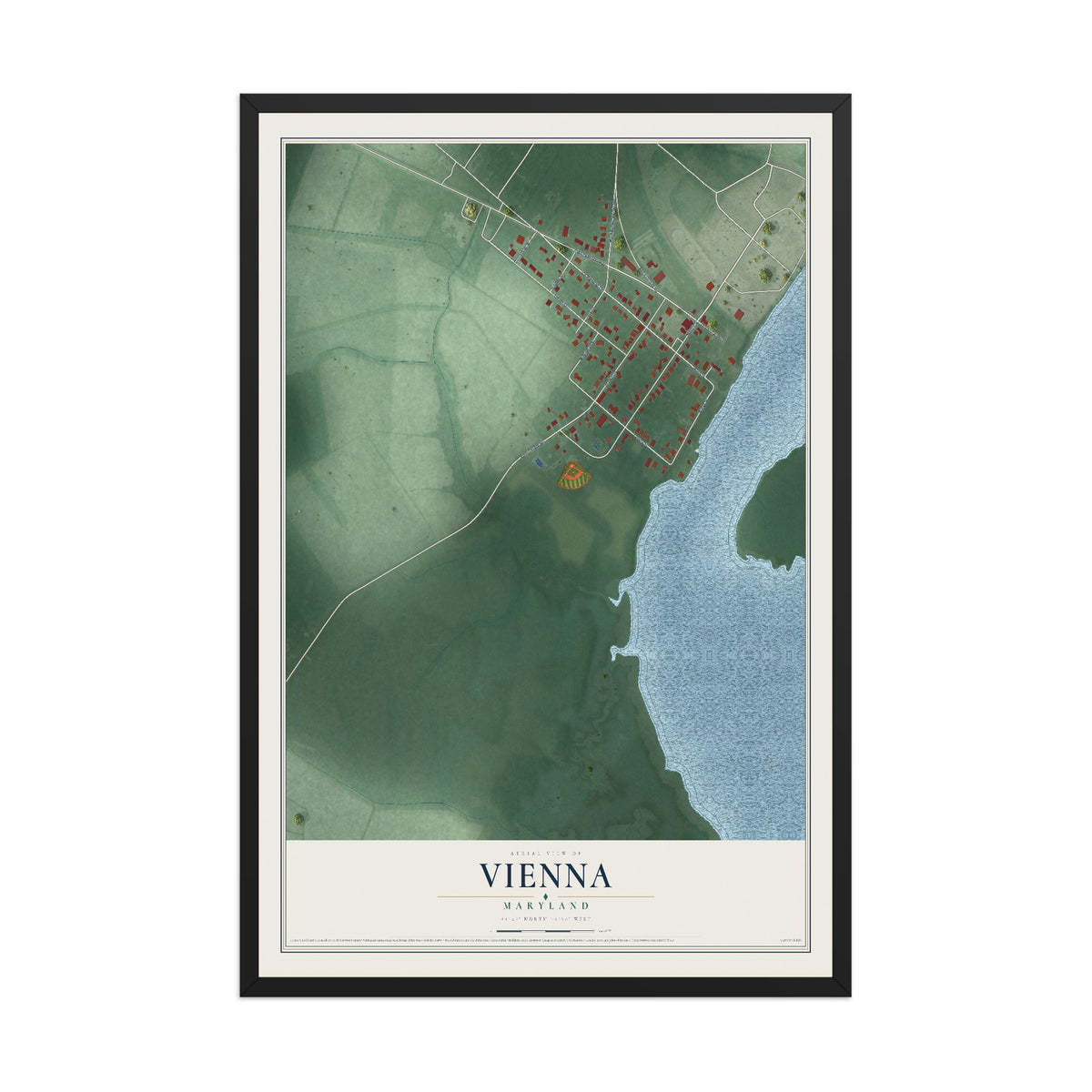 Map of Vienna, Maryland, 12 x 18 inch print in a black wood frame