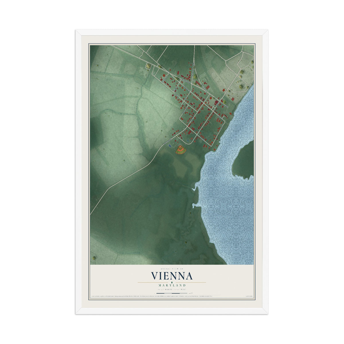 Map of Vienna, Maryland, 12 x 18 inch print in a white wood frame
