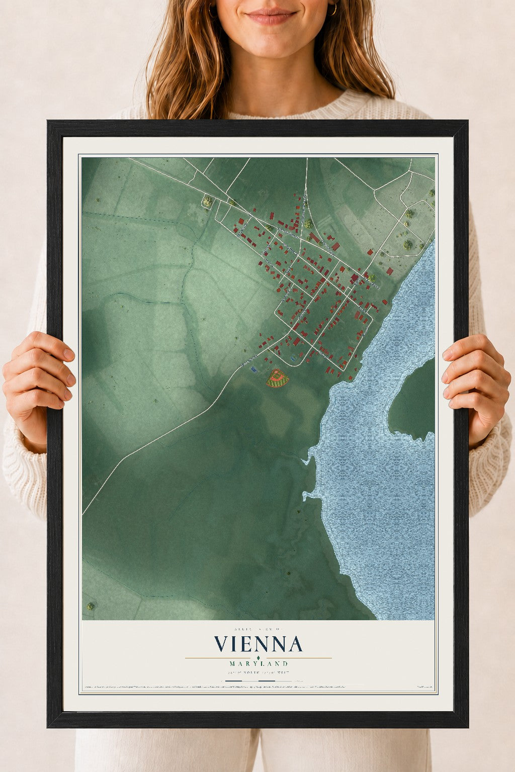 Map of Vienna, Maryland, 18 x 24 inch print in a black wood frame