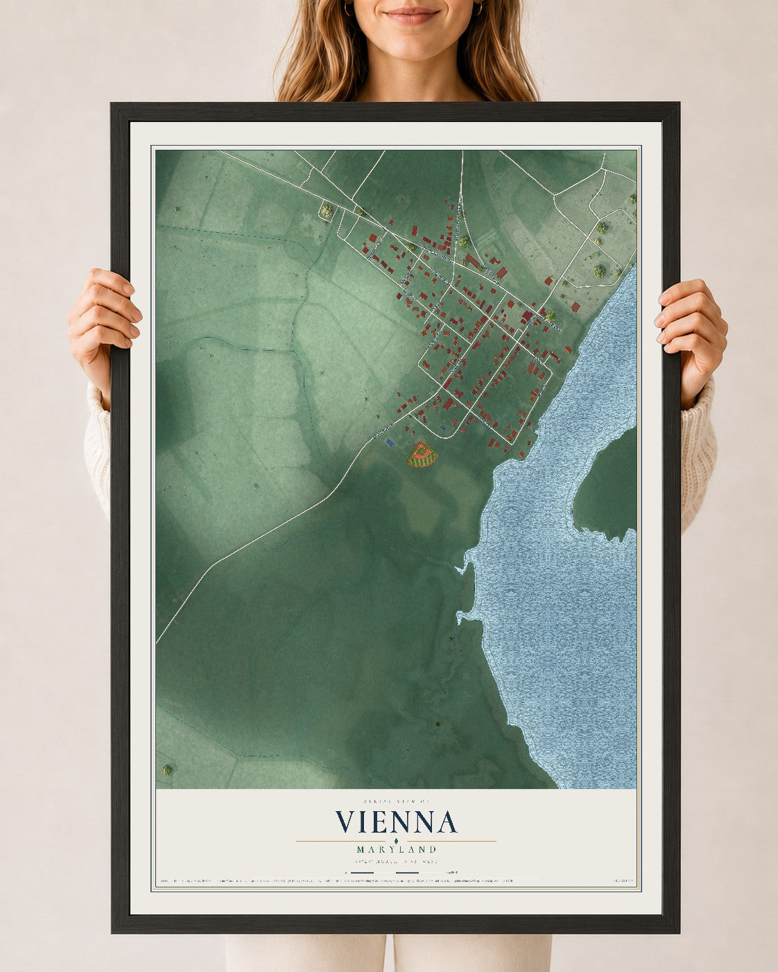 Map of Vienna, Maryland, 24 x 36 inch print in a black wood frame