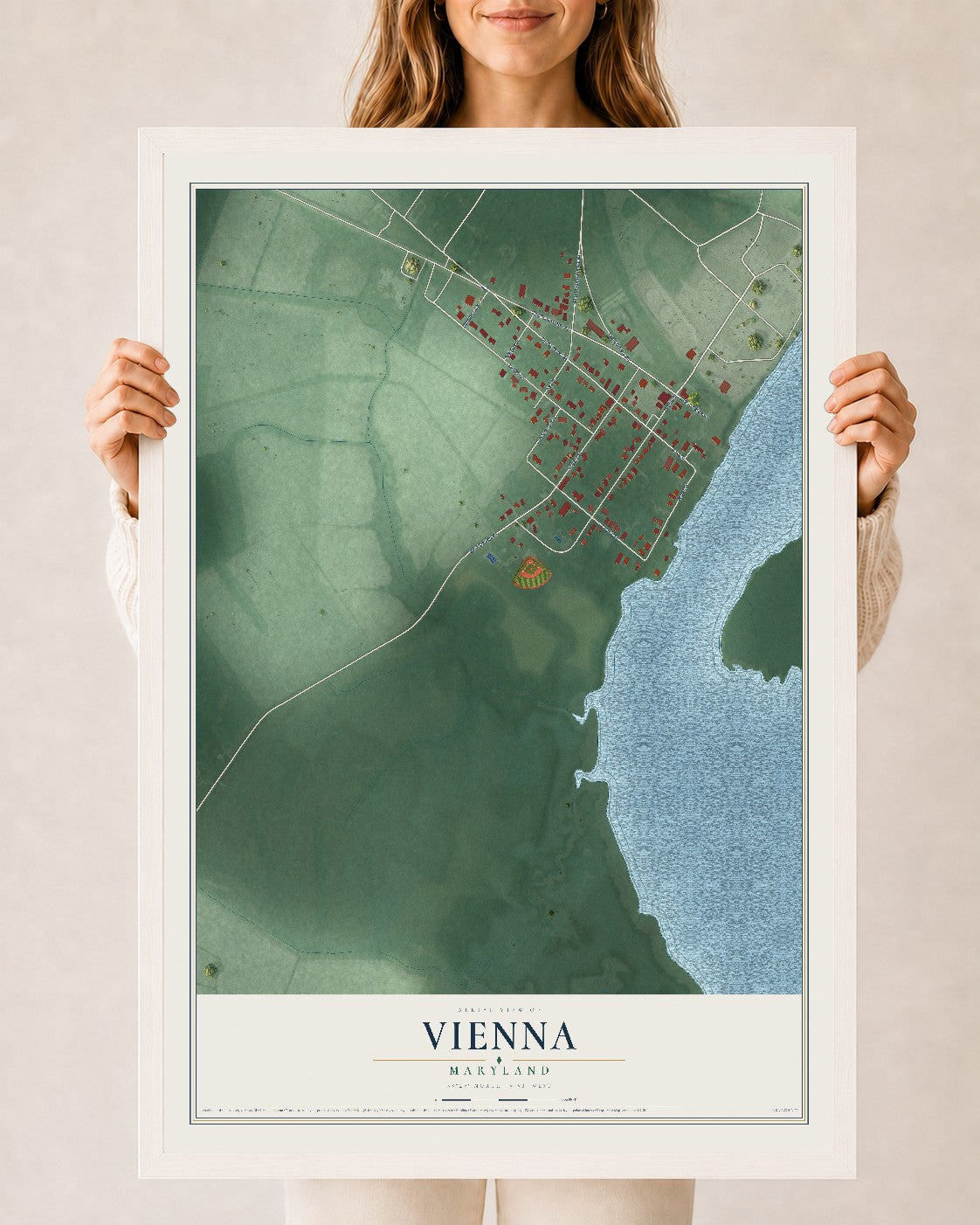 Map of Vienna, Maryland, 24 x 36 inch print in a white wood frame