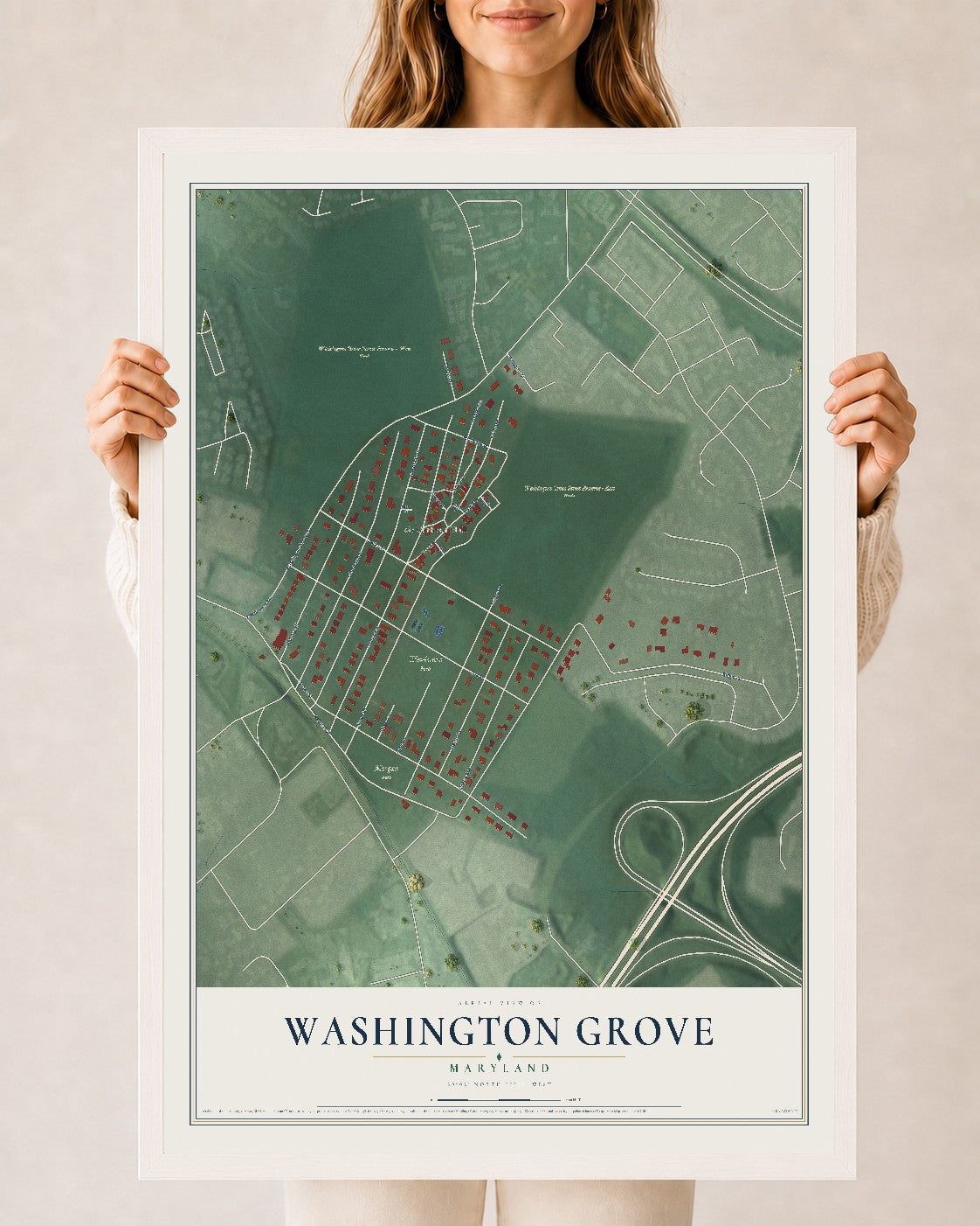 Map of Washington Grove, Maryland, 24 x 36 inch print in a white wood frame