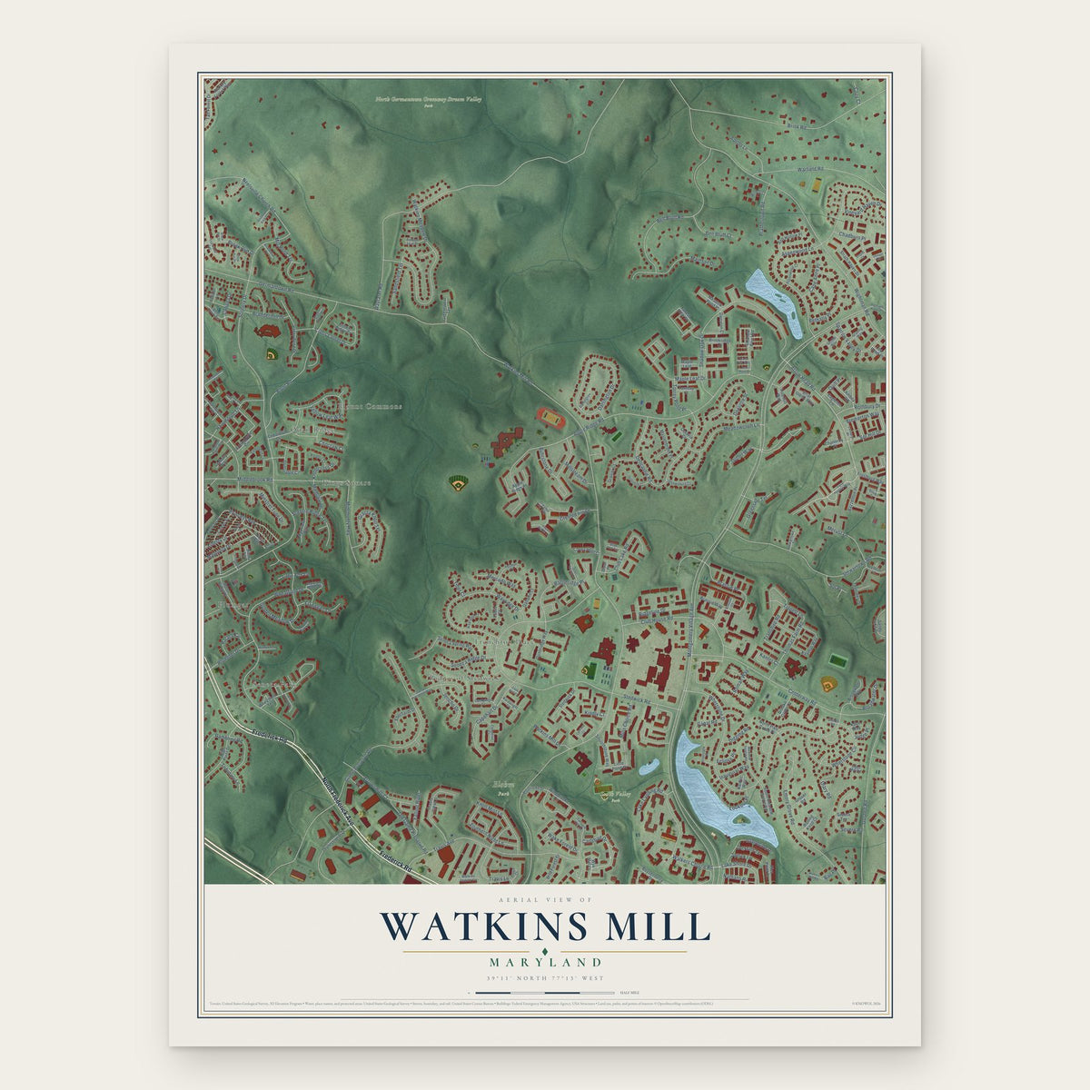 Watkins Mill, Maryland map print, the full design