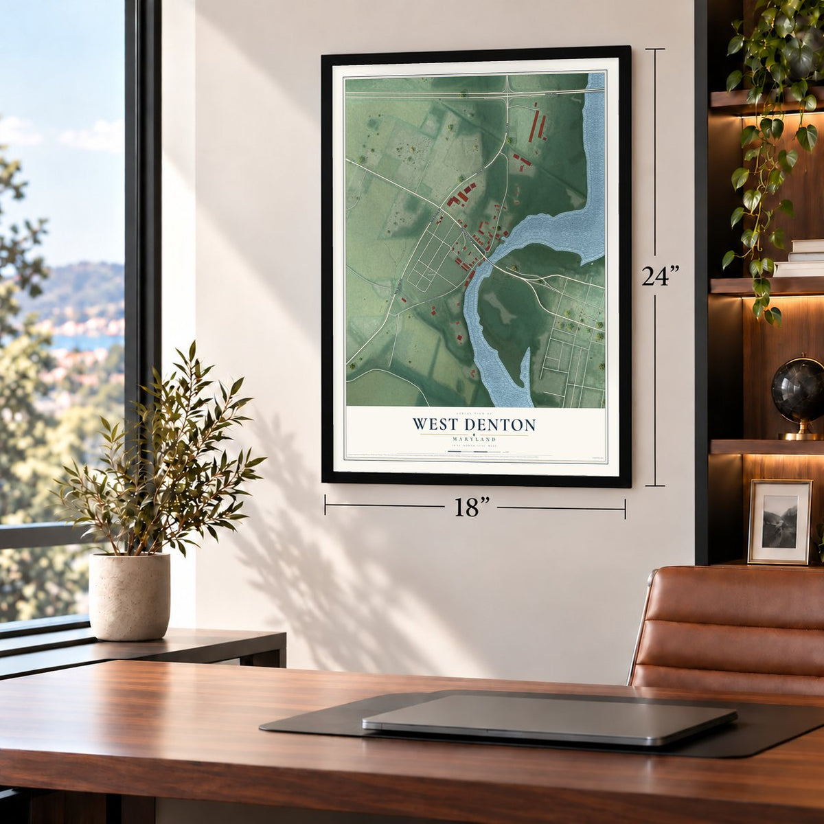 West Denton, Maryland map, 18 x 24 inch print in a black frame in a home office