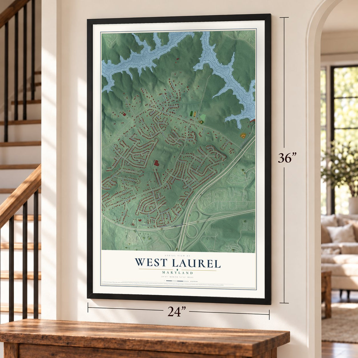 West Laurel, Maryland map, 24 x 36 inch print in a black frame by a staircase