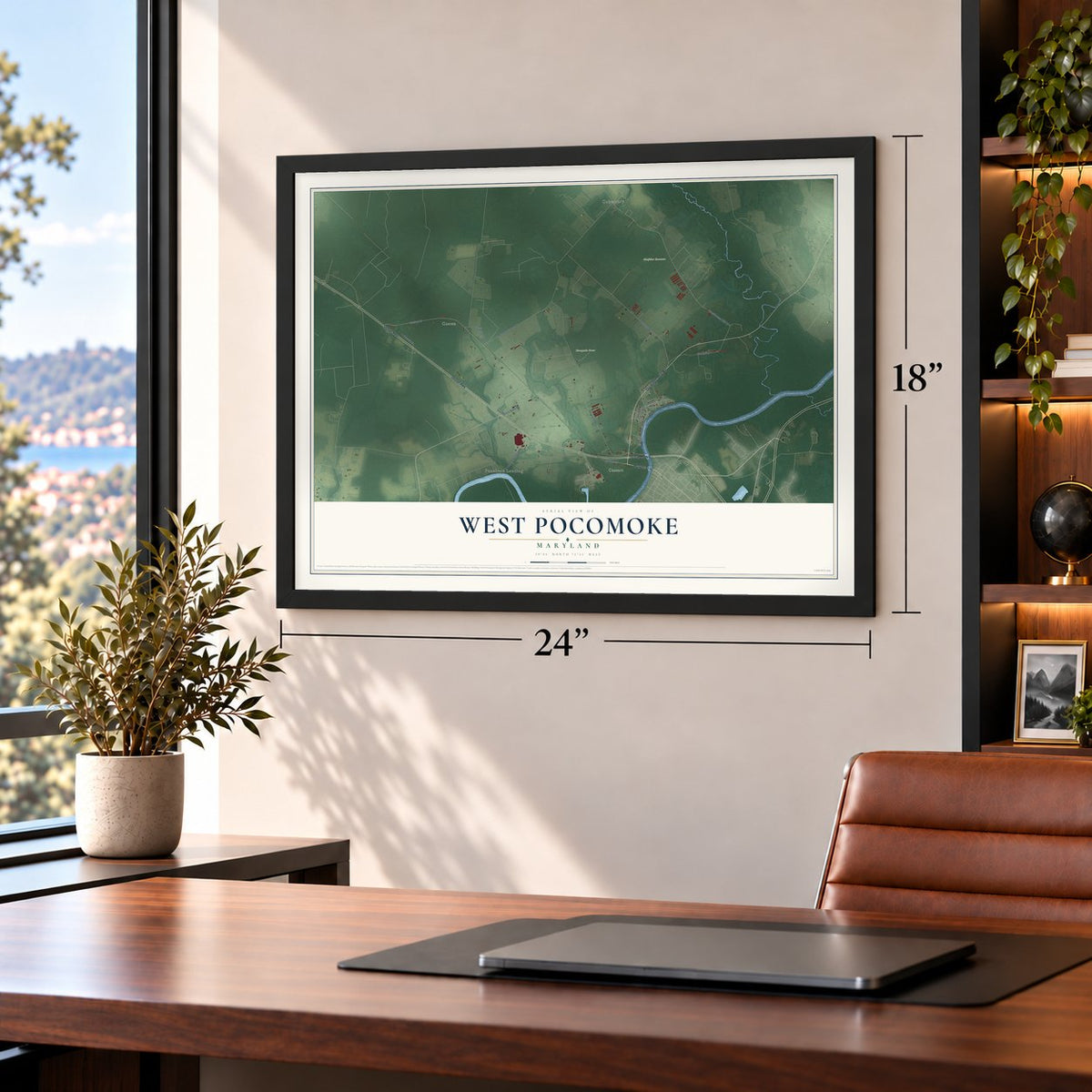West Pocomoke, Maryland map, 18 x 24 inch print in a black frame in a home office