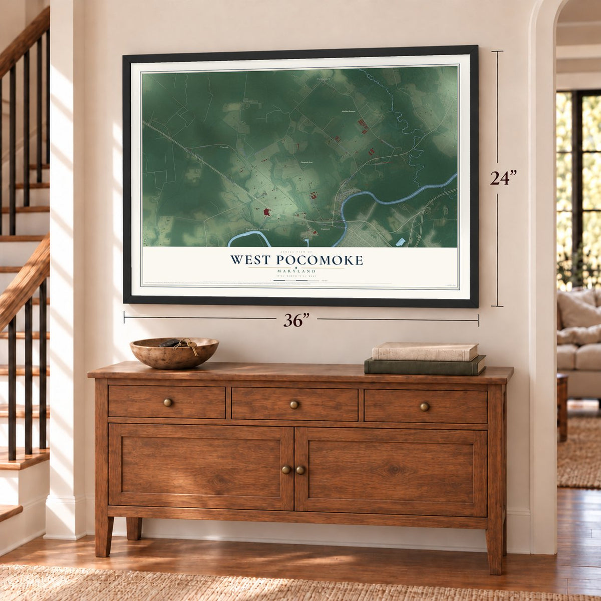 West Pocomoke, Maryland map, 24 x 36 inch print in a black frame above a dresser by a staircase