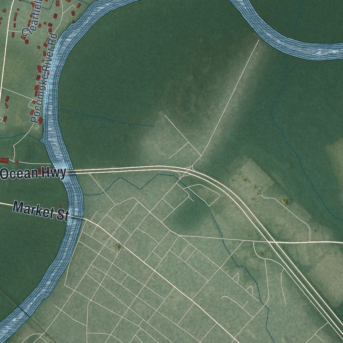 Close-up of the map of West Pocomoke, Maryland print showing street and building detail