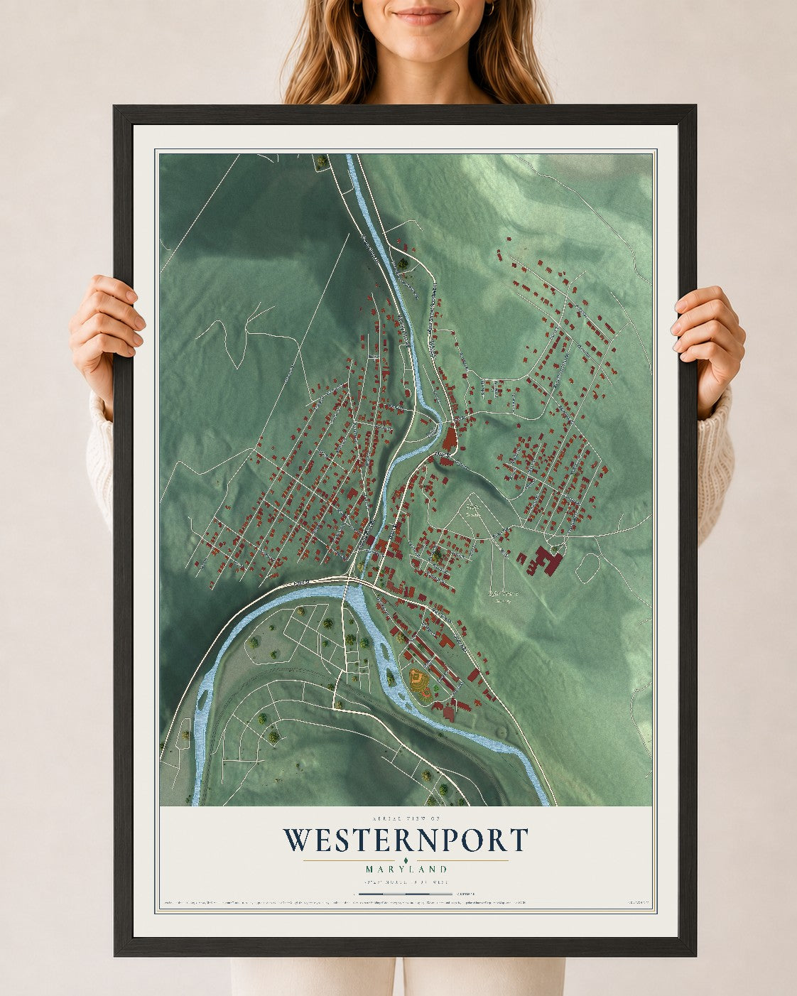 Map of Westernport, Maryland, 24 x 36 inch print in a black wood frame