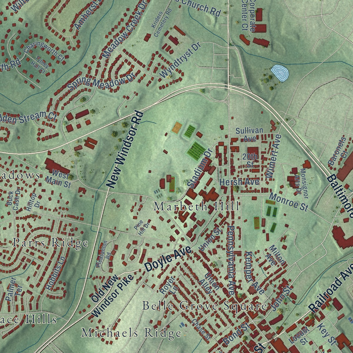 Close-up of the map of Westminster, Maryland print showing street and building detail